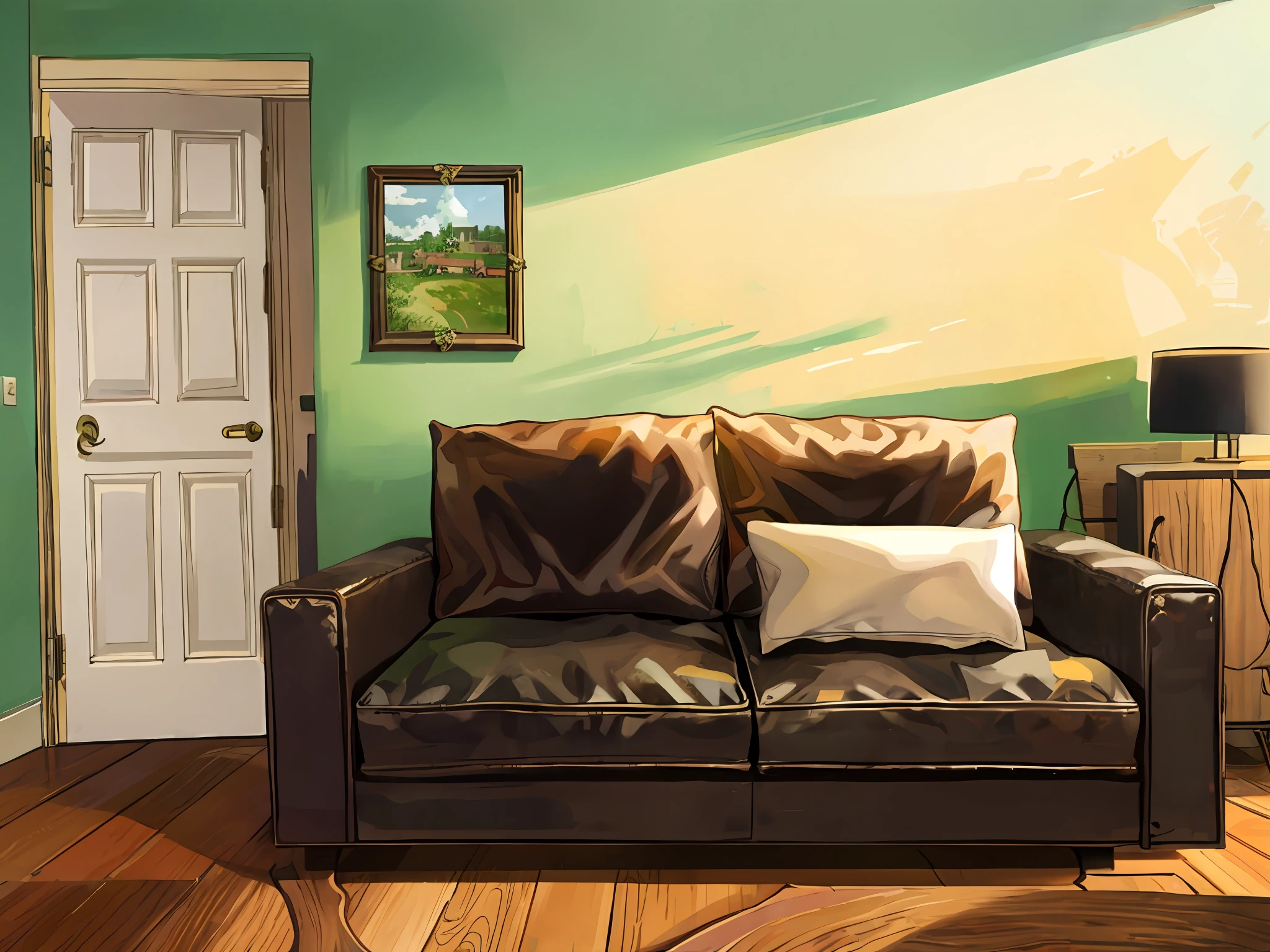 Living room, medieval, antique, white wooden floor, green wall, leather sofa, black leather, black leather sofa, dark wooden door