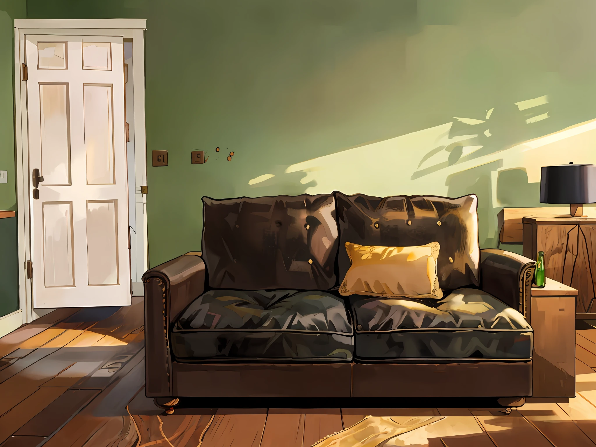 Living room, medieval, antique, white wooden floor, green wall, leather sofa, black leather, black leather sofa, dark wooden door