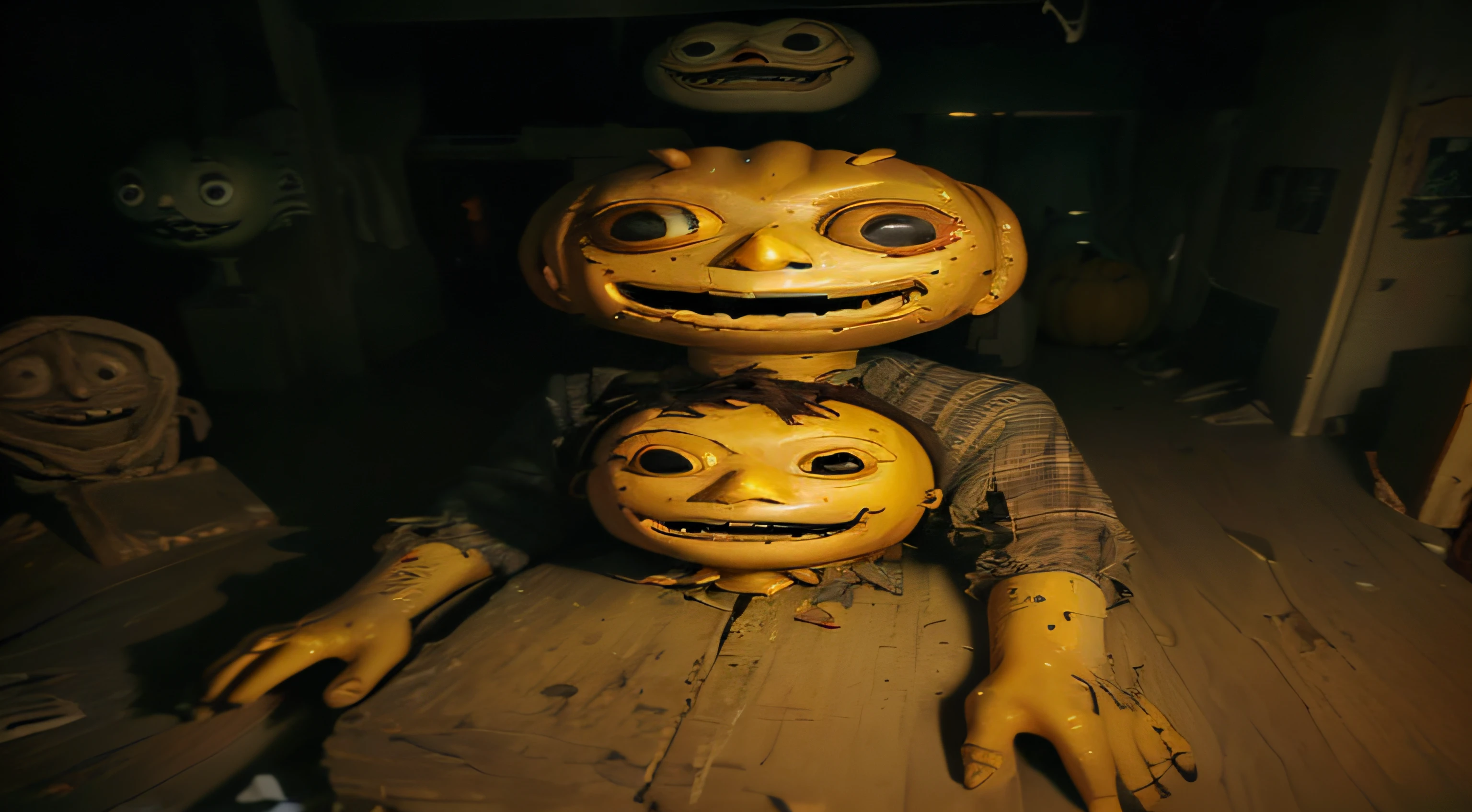 there is a statue of a man and a child with a pumpkin head, animatronic, animatronics, horror animatronic, the'other mother'from'coraline ', indie video game horror, horror video game, still from animated horror movie, creepy!!, jump scare, film still from a horror movie