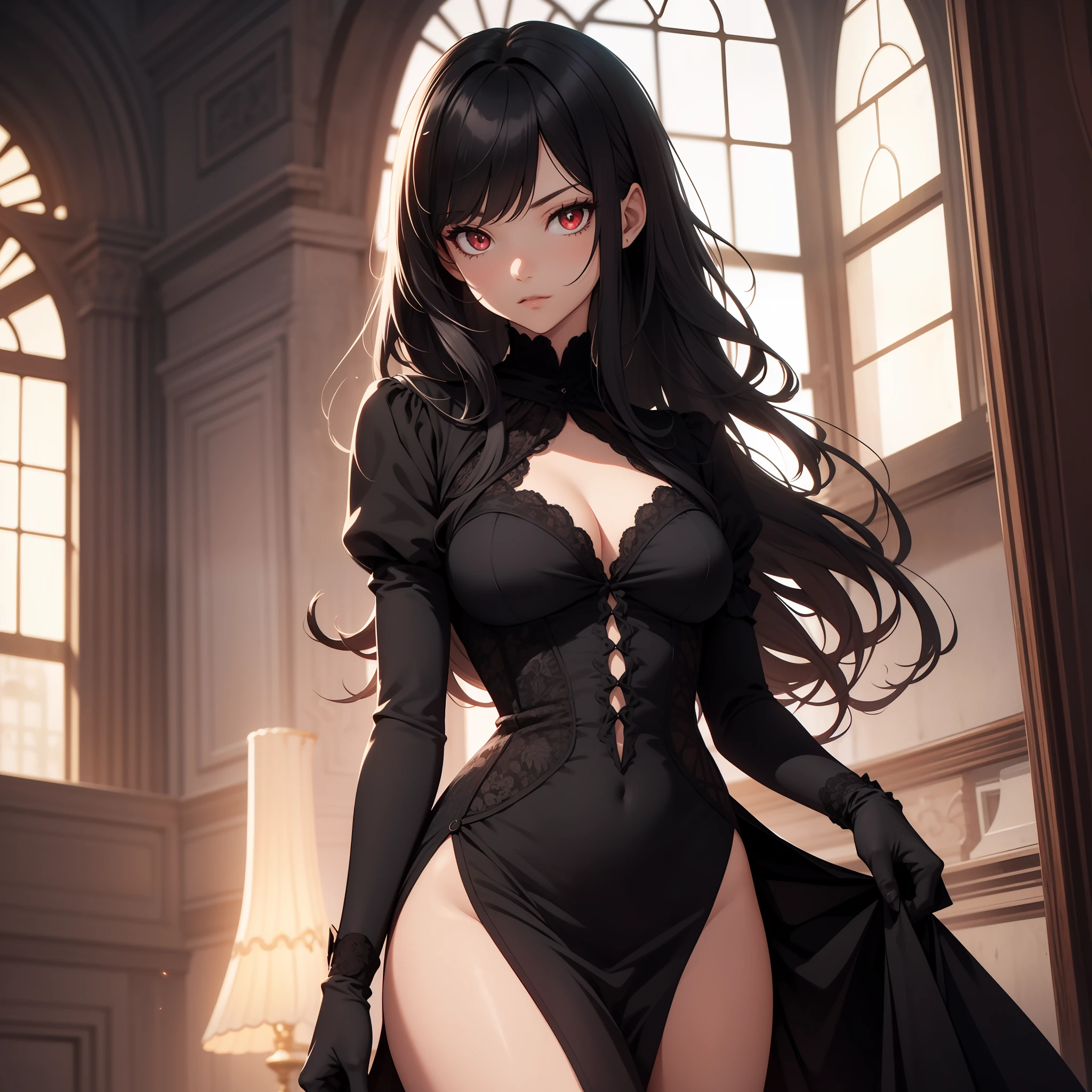 solo female, black hair, long hair, red eyes, black dress, black gloves, slit pupils, Victorian setting