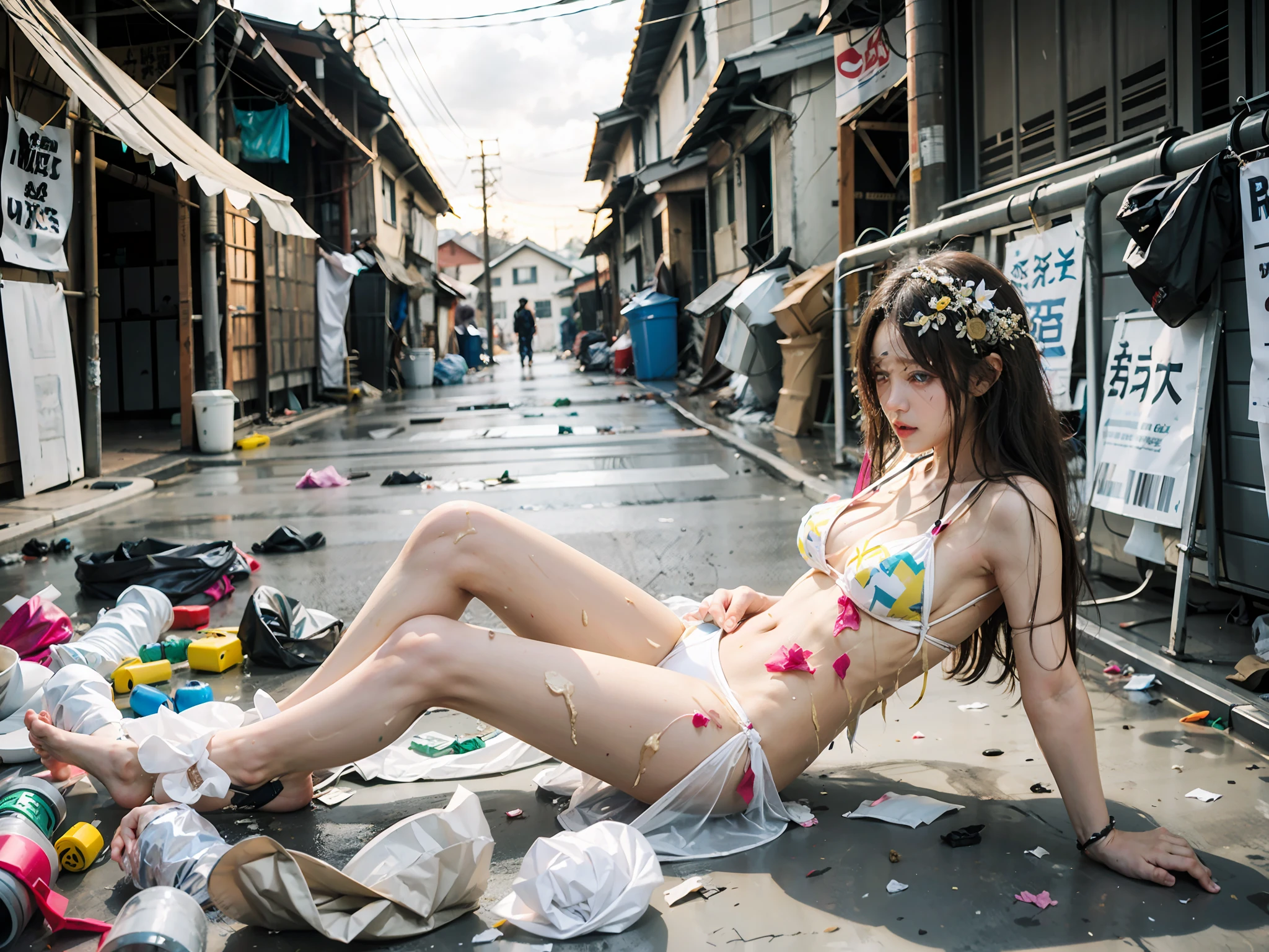 Slums, people come and go, a lot of men, an Asian beauty, spread her legs, rubbish on the floor, dirty, pee, garbage, masterpiece, best quality, delicate face, highly detailed, white transparent bikini, barefoot, sloppy