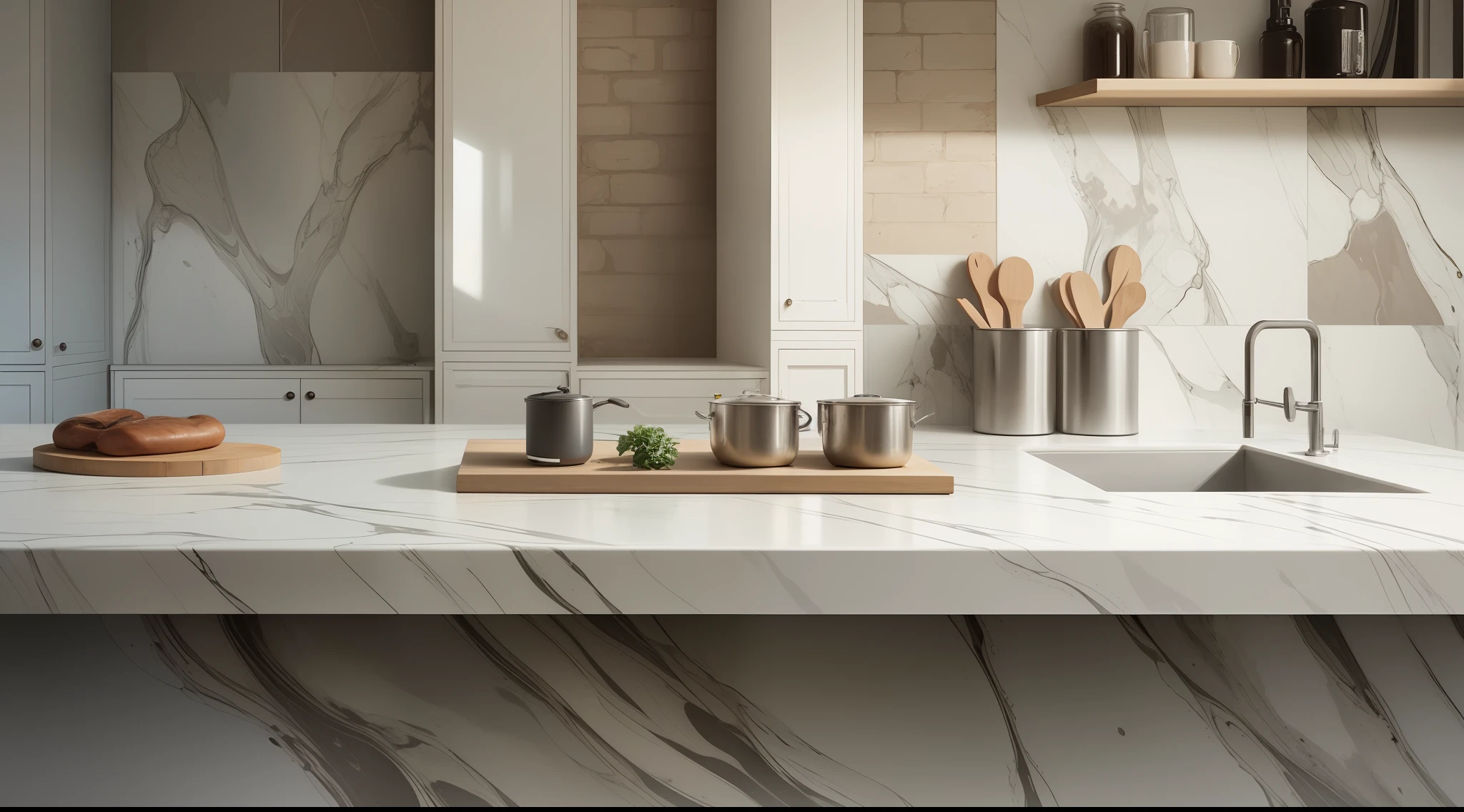 The cover features an elegant and sophisticated image of a modern kitchen with a beautiful stone countertop. The countertop is the central point of the image, displaying three distinct sections, each representing one of the featured materials: marble, quartz and granite. The marble section features soft veins and light colors, conveying a sense of timeless beauty. The quartz section has a shiny surface, with different vibrant colors and subtle textures, demonstrating its versatility. Finally, the granite section displays more striking veins and earthy tones, emphasizing its robustness and natural beauty. In the background of the image, there is a contemporary design of tiles, complementing the refined aesthetic of the environment. The cover conveys the idea that the reader will find detailed and valuable information about the characteristics and uses of each material, assisting in choosing the ideal coating for your project. --auto