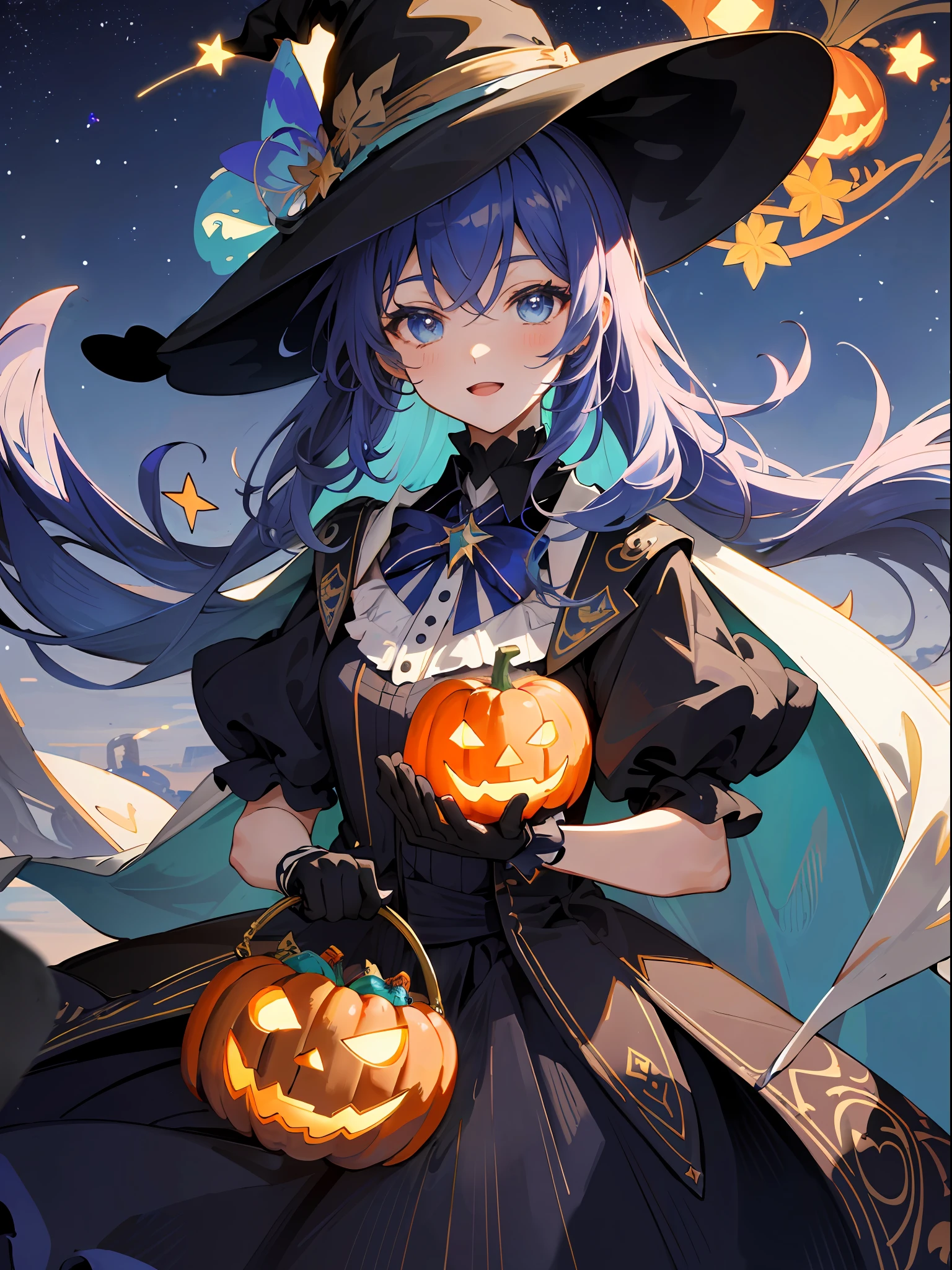 ((masterpiece:1.2, best quality)), 1girl, solo, (witch hat), a close up of a girl with curly hair, dress, aurora, night, star (sky), gloves, sky, dress, night sky, open mouth, starry sky, light blue eyes, ribbons, smile, cape, colorful hair, magic, casting spell, night, (impressionism:1.4), alphonse mucha, Halloween colors, colorful candy, magical lights, pumpkins, candies