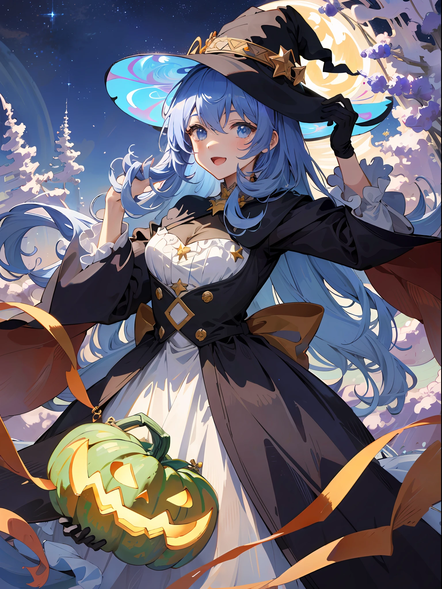 ((masterpiece:1.2, best quality)), 1girl, solo, (witch hat), a close up of a girl with curly hair, dress, aurora, night, star (sky), gloves, sky, dress, night sky, open mouth, starry sky, light blue eyes, ribbons, smile, cape, colorful hair, magic, casting spell, night, (impressionism:1.4), alphonse mucha, Halloween colors, colorful candy, magical lights, pumpkins, candies