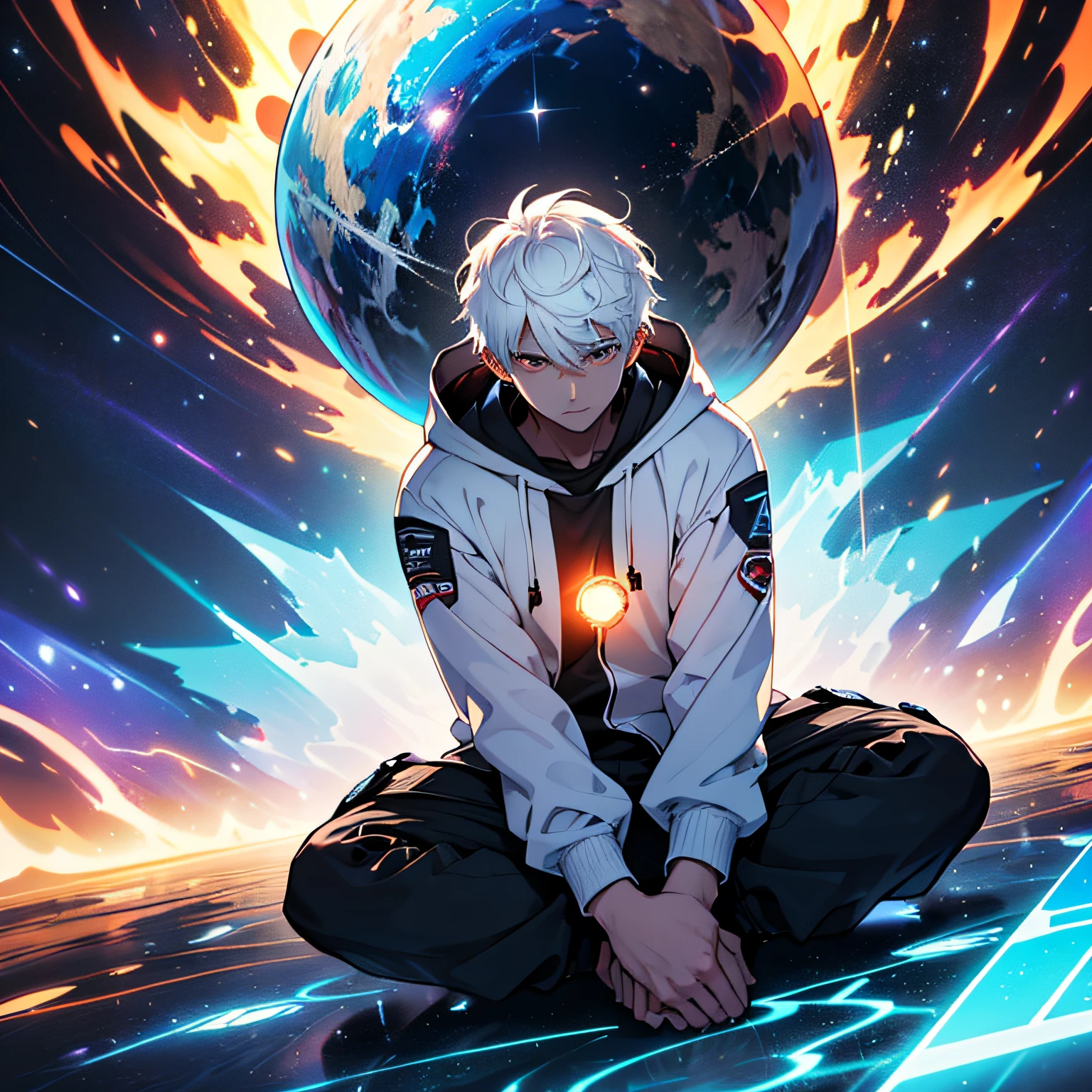 A man with short white hair, white hooded shirt, sitting, holding a sphere of energy, with a serene expression, the background galaxias, surrounded by blue flames, golden and red rays, high-speed movement, panoramic emergency, express dynamic and multi-angle light and shadow effects, generate detailed images of 16K level. --auto