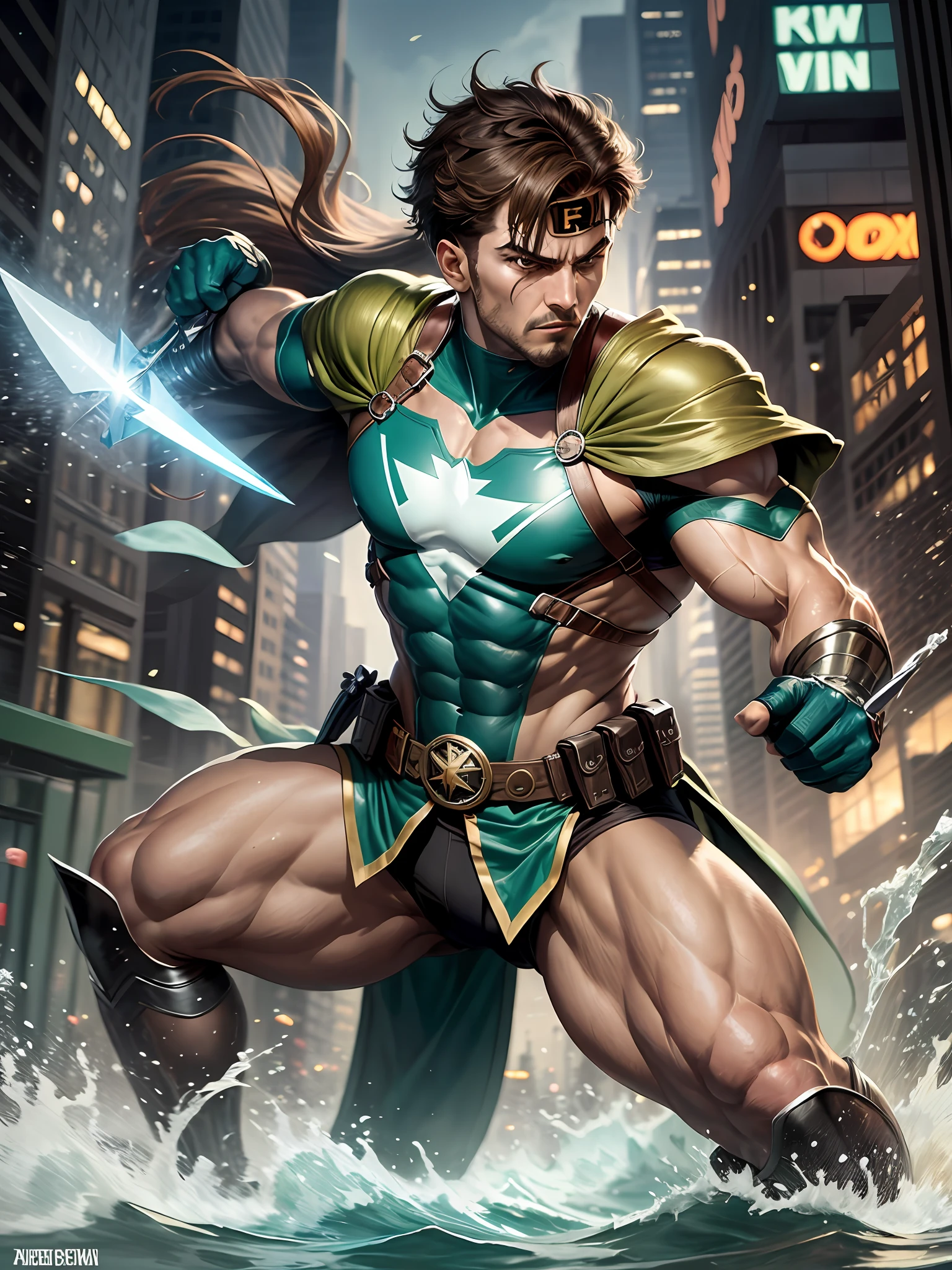 A very fast superhero with a blade thread in the logo of the uniform light brown color and water green and uses his daggers elders in the city fighting crimes