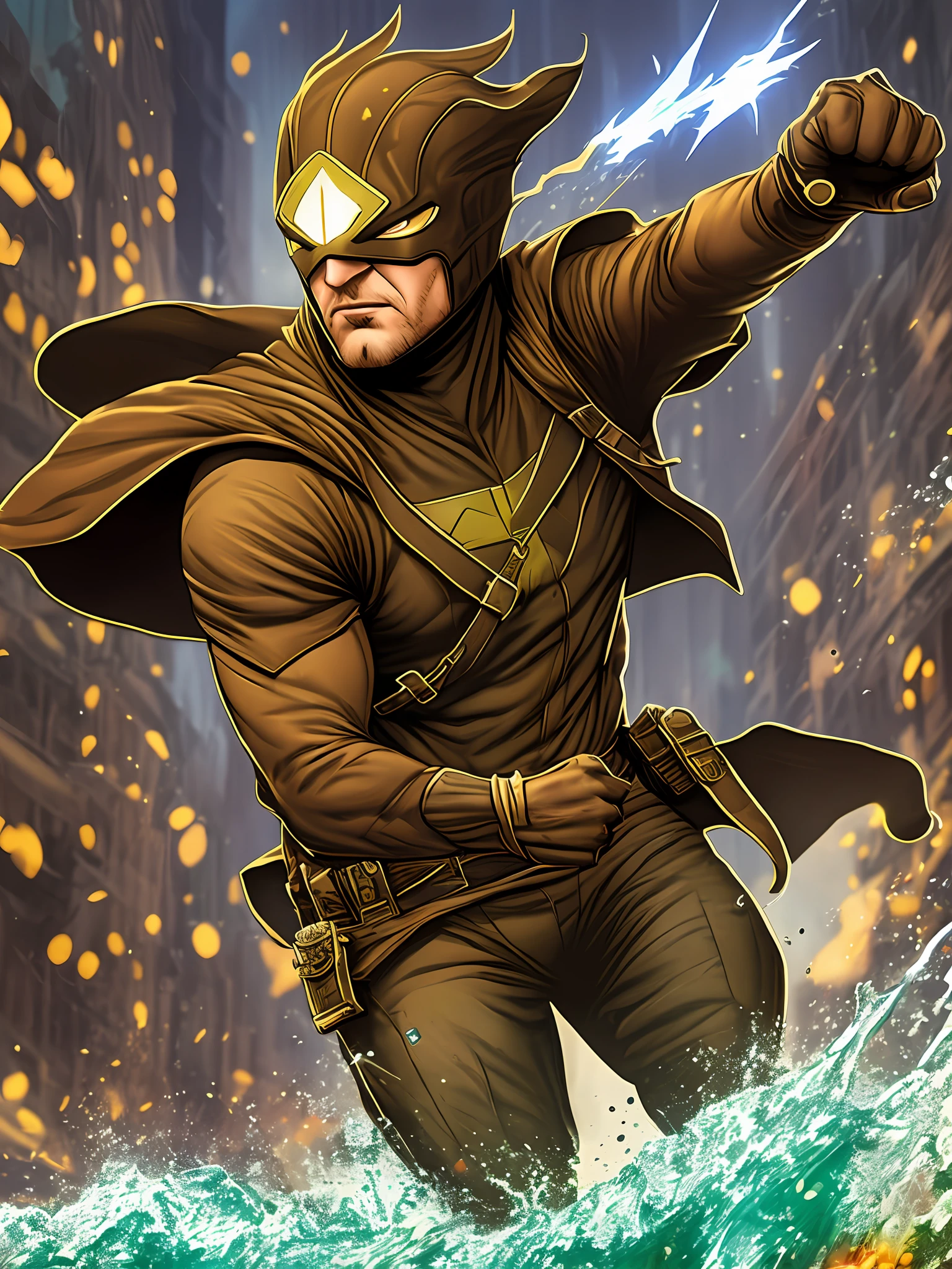 A very fast superhero with a blade thread in the logo of the uniform light brown color and water green and uses his daggers elders in the city fighting crimes and year is afraid of nothing