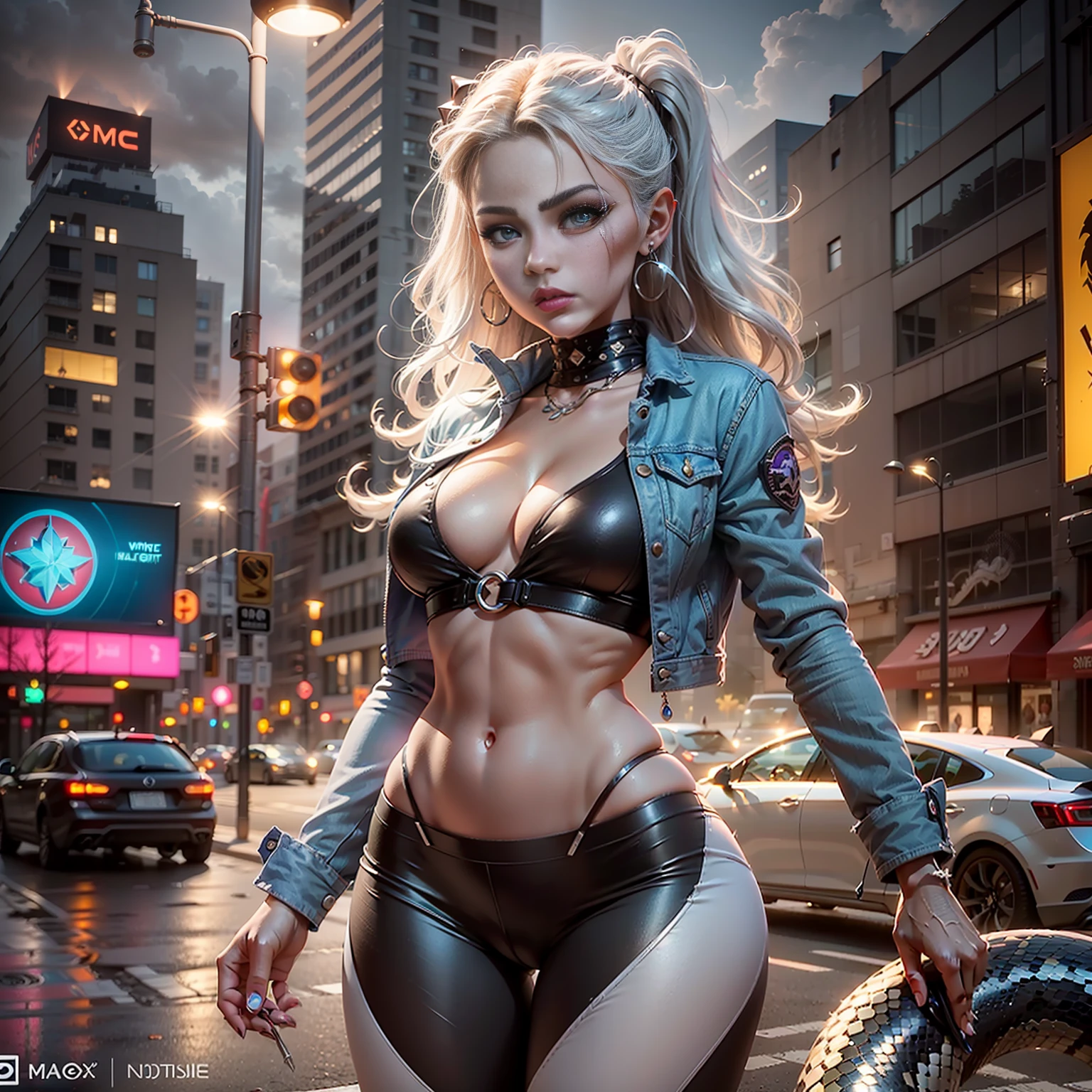 (Best Quality)), (Masterpiece)), (Details:1.4), 3D, Images of exotic young women with beautiful dark skin, HDR (High Dynamic Range), Denim jacket and casual leggings fashion, Ray Tracing, NVIDIA RTX,Super Resolution, Unreal 5 , Subsurface Scattering, PBR Texturing, Post Processing, Anisotropic filtering, depth of field, Maximum clarity and sharpness, Multi-layer textures, Albedo and specular maps, Surface shading, accurate simulation of light-material interactions, perfect proportions, addition of snake circlets, pointed ears, snake earrings Python texture, white-silver long hair, Purple Lipstick, Sharp Eyeliner, Medusa Image, (Full Body)), Snake Eye, Sharp Focus, Octane Rendering, Two-tone Lighting, Wide Aperture, Low ISO, White Balance, Rule of Thirds, 8K RAW, Circuit Board AI, 4k, Fog, Night City Background