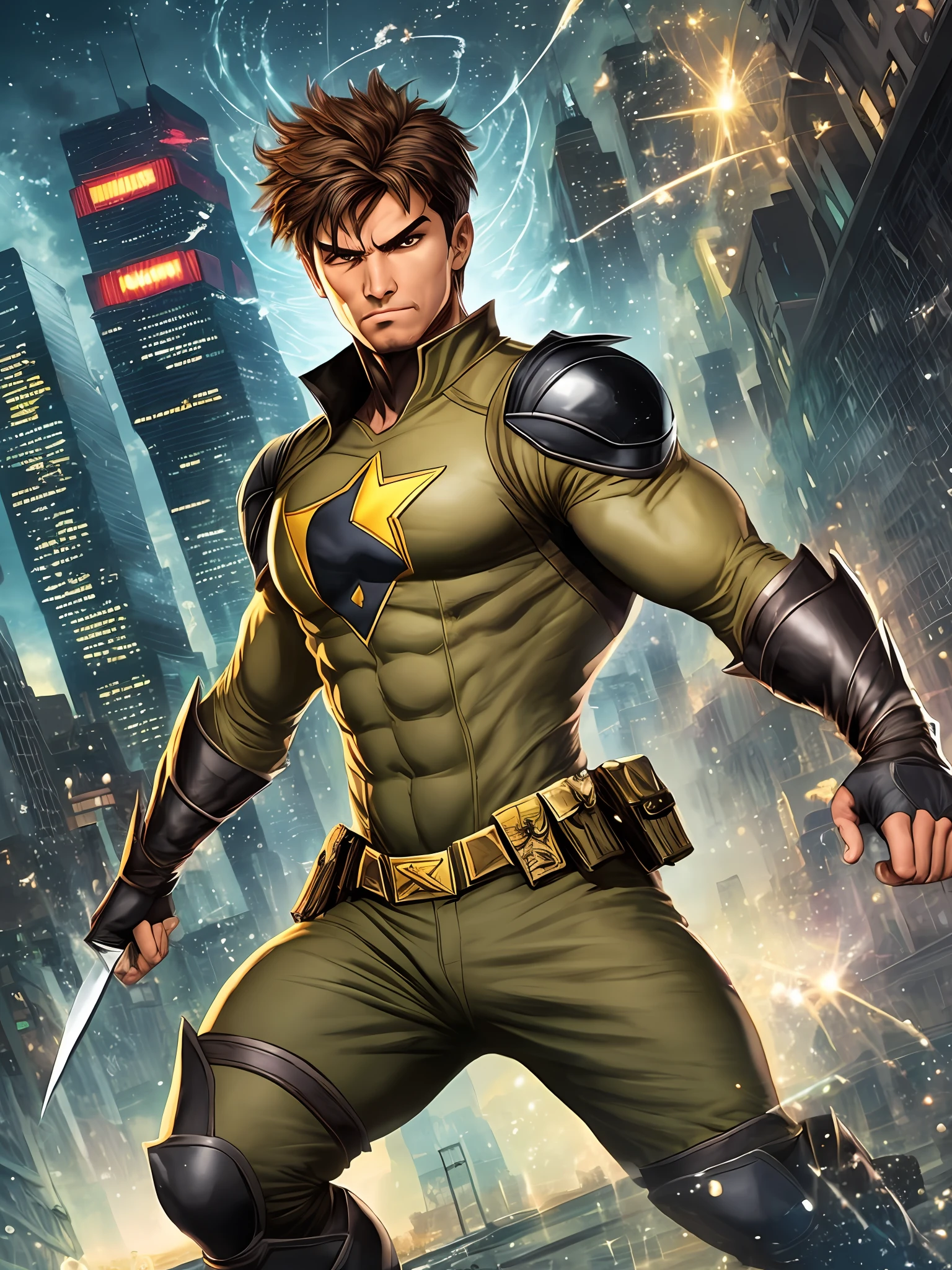 A very fast superhero with a blade thread in the logo of the uniform light brown color and water green and uses his daggers in the city fighting crimes. Put him a multiverse of heroes
