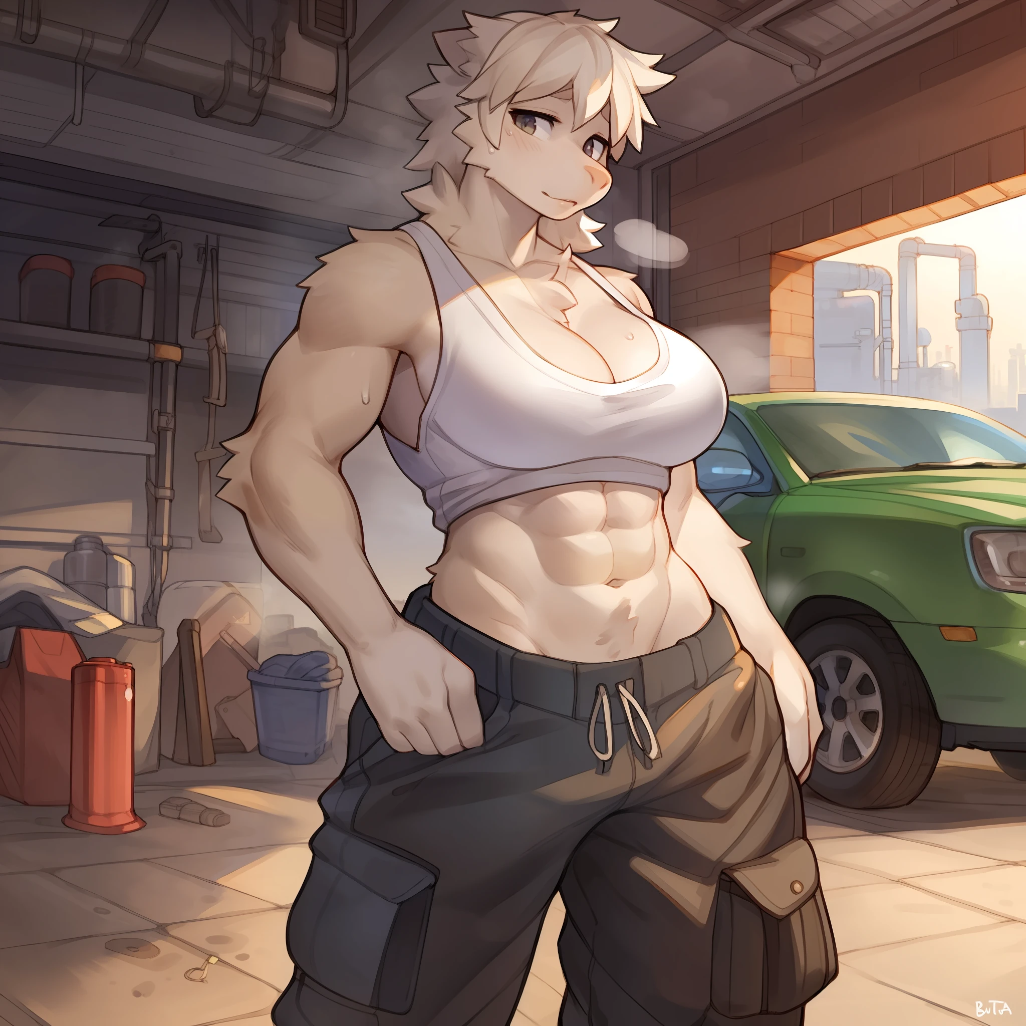 snout, detailed eyes, detailed hands, muscular, big breasts, large biceps, white tank top, cleavage, abs, sweat, steam, baggy cargo pants, garage, open garage door, city, smog, smoggy, smoky, hazy, factories, smokestacks, by glitter trap boy, by buta99, by bebebebebe, by chelodoy, solo, female, standing, hair, lips