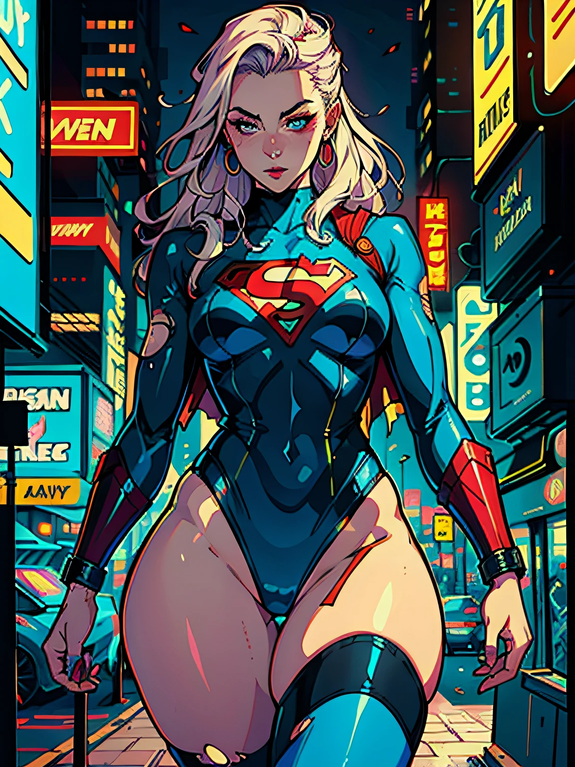 a digital painting of long-haired supergirl, cyberpunk art by Josan Gonzalez, winner of the behance contest, afrofuturism, synthwave, neon, shiny neon, thick thighs, thin waist, sensual, nsfw, little clothing, erotic art, anime, torn battle clothes