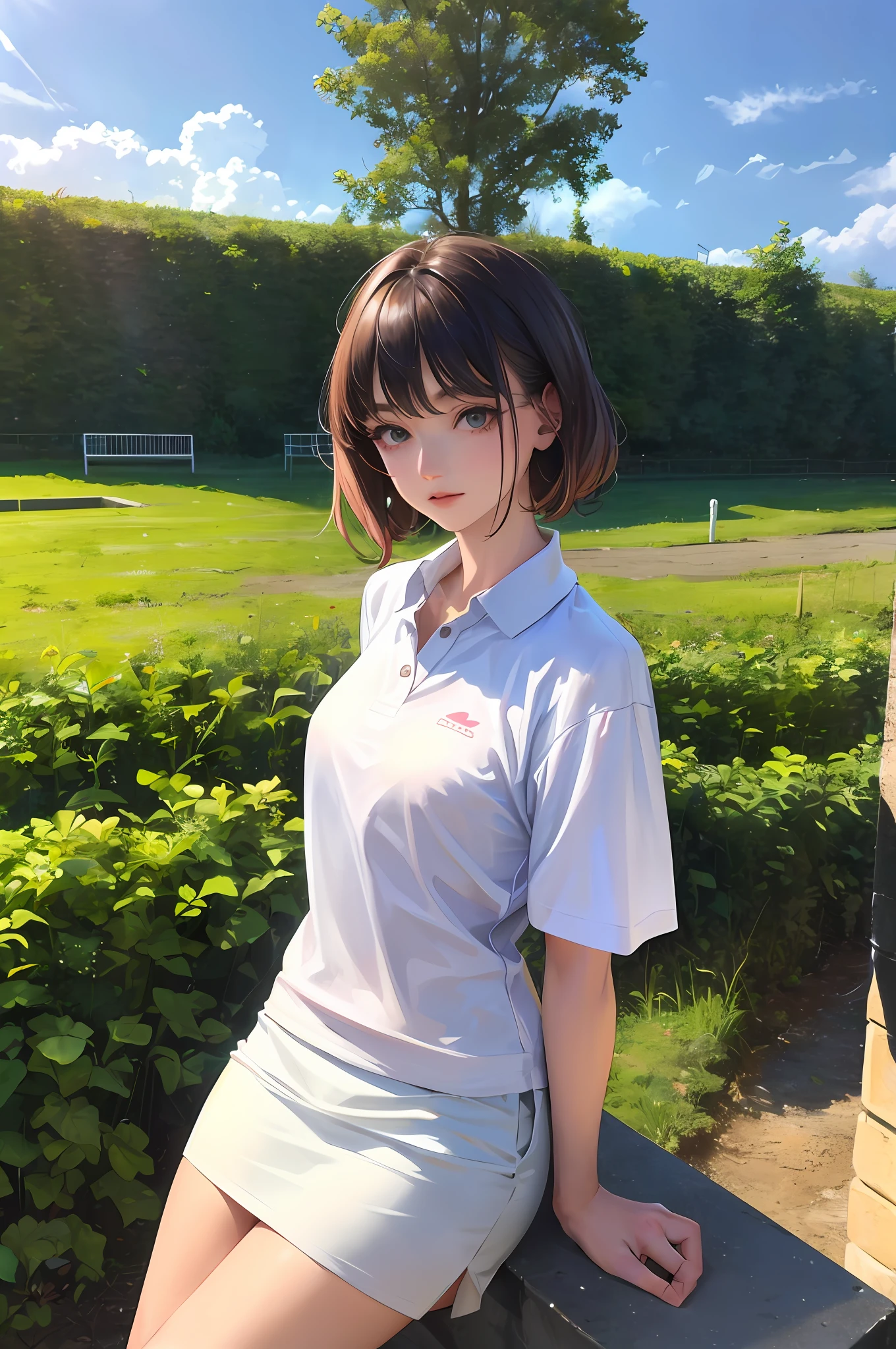 1 girl, solo, novelist, study, white polo shirt, blue mini skirt, masterpiece, top quality, real,