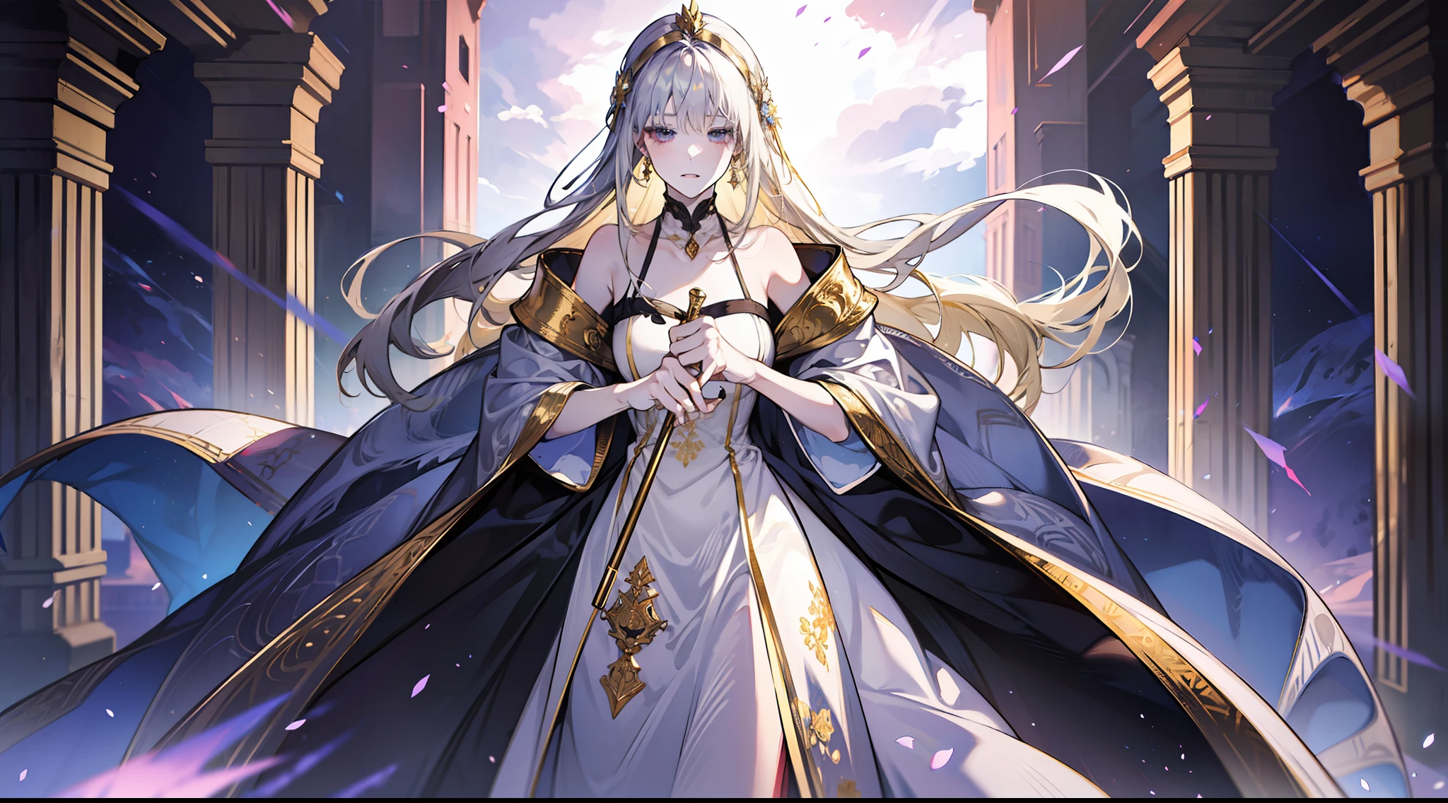 (absurd, high resolution), (panorama), full body, a woman, mature, beautiful, tall, queen's dress, lilac complex, exquisite, pale blonde hair, silver crown on the head, eyes closed, painful, in the palace, resplendent, magical, holding a very long golden delicate wand,