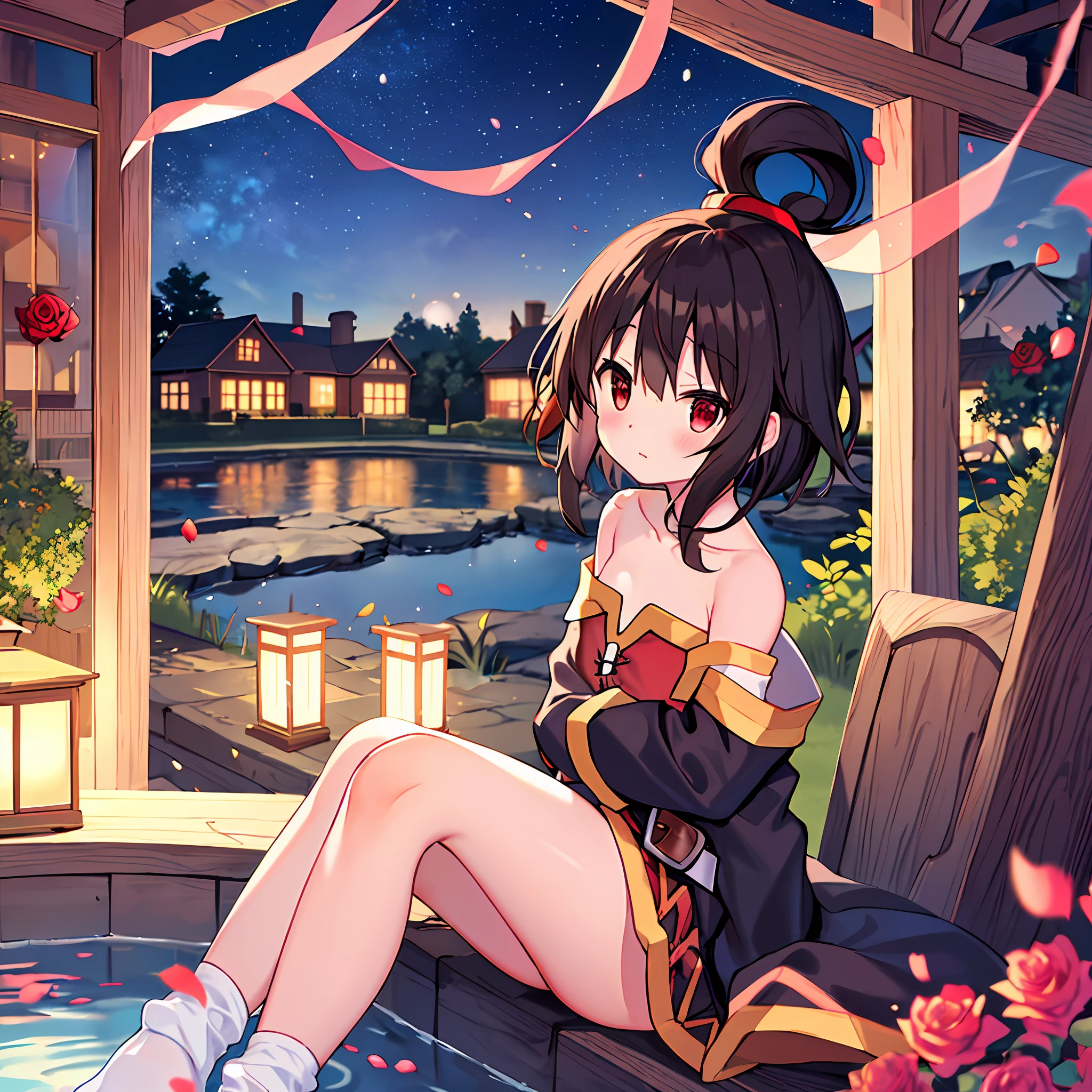 (sitting), (bow), (black hair), (short hair), (red eyes), big eyes, (blush), (megumin_konosuba in [ (sweater):(((no socks))):0.4]:1.2),(bare shoulder),collarbone,(white thighs:1.2),looking at the viewer,[(night:1.2),peaceful,sky ,((full moon)),stars,house,city,(in a courtyard),waterdrop,pond,(near the pond),tree,flower request,wind::0,6],(refraction of lridescent light), (floating rose petals: 1.2), dreamer