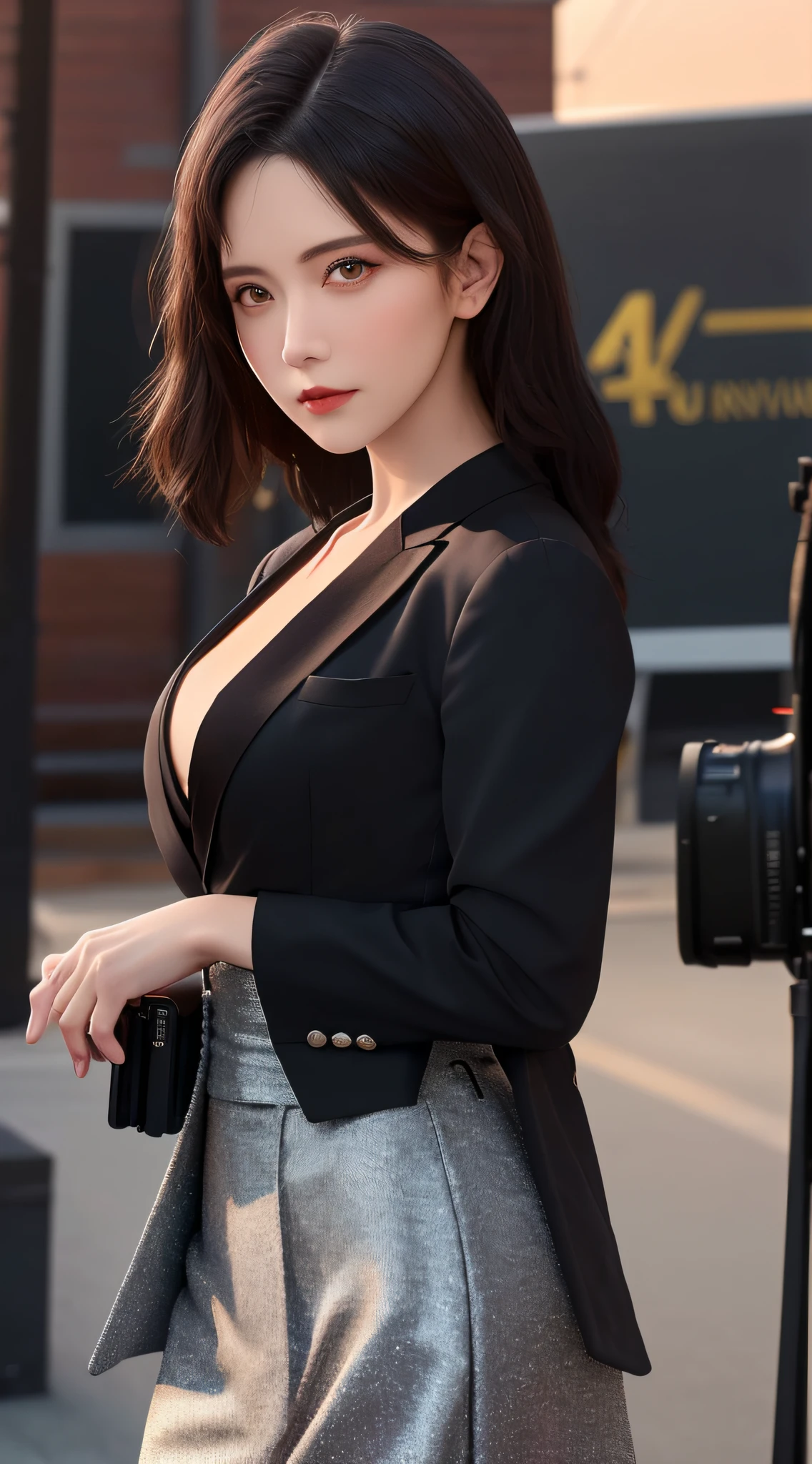 best quality, masterpiece, 1 girl, beautiful face, (photo photo-realistic:1.3), edge lighting, (high detail skin:1.2), 8k ultra hd, DSLR, high quality, high resolution, 4k, 8k, bokeh, absurd, best ratio four fingers and one thumb, (realistic:1.3), cute 1girl, wearing black formal blazer, medium breasts, dance costume,