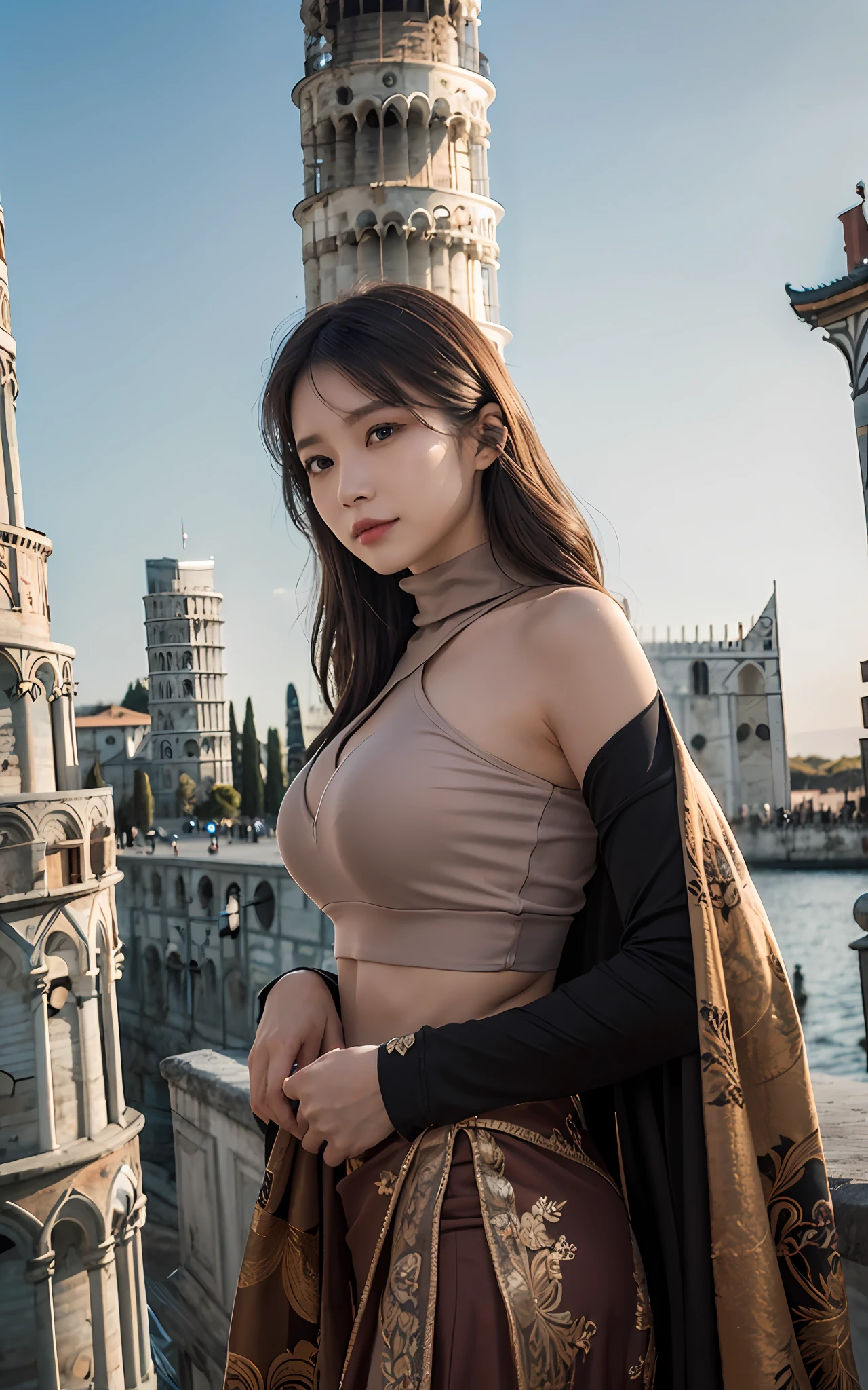 (Mai Shiraishi, white turtleneck, sleeveless, long white dress, denim shot, back shot, rear view, looking forward, (Leaning Tower of Pisa background), navel, arched back, arms up, dark brown very short hair, huge breasts, standing))), (((masterpiece, best quality, highly detailed, absurd, RAW photos, super high resolution)))), highly detailed face and skin texture, detailed eyes, sharp focus, young beautiful girl in Asia, fair skin, real human skin, oval face, pores, gentle and goddess-like eyes, lip gloss, eyelashes, glossy face, wide illumination, natural shadow, small waist, slim body, slight smile, clear facial features, beautiful face, double eyelids, drooping eyes,