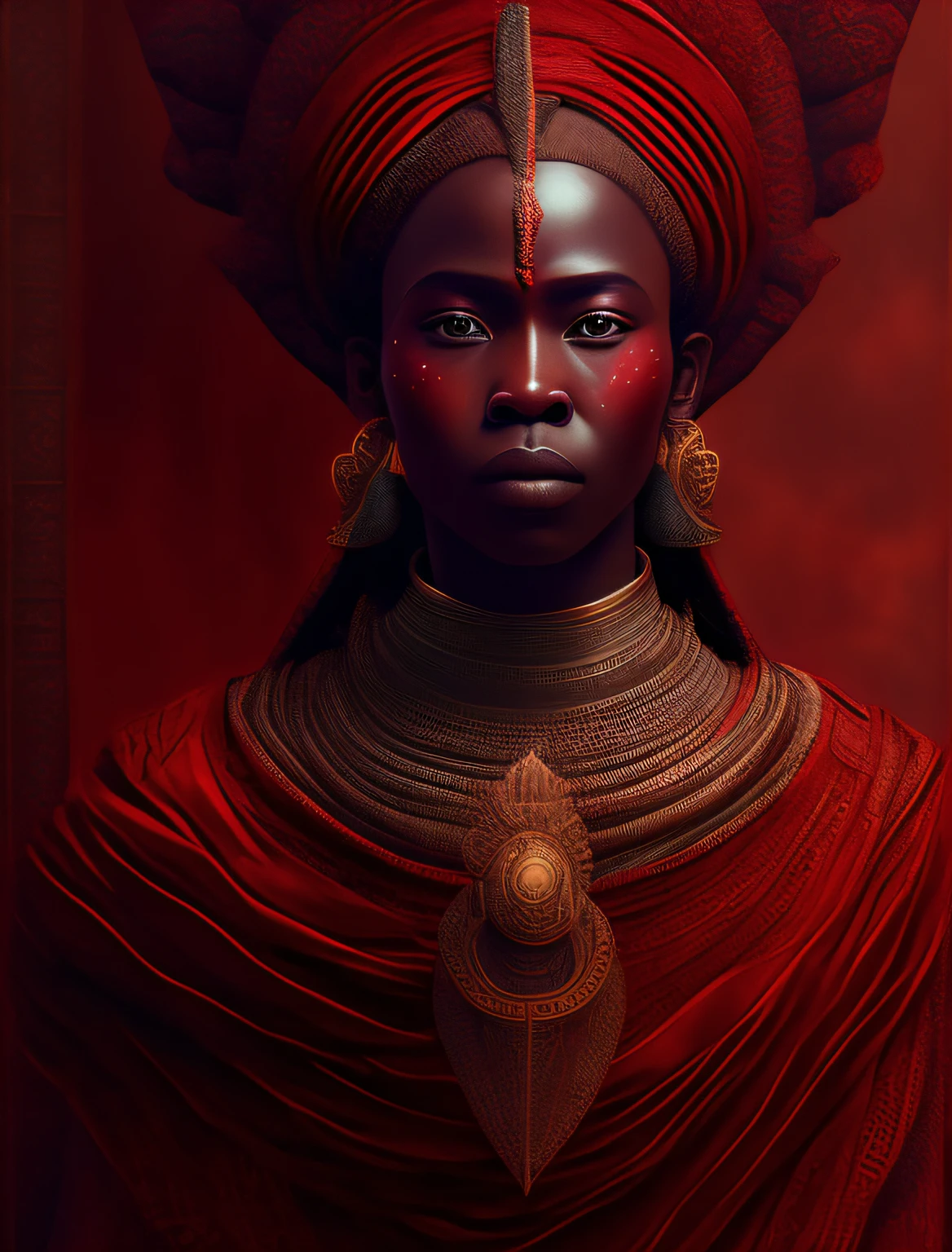 Xangô the African orisha, Yoruba, red clothes, brown tones, wearing a detailed and intricate ade, god of justice, deep look, cosmic god, astrophotography