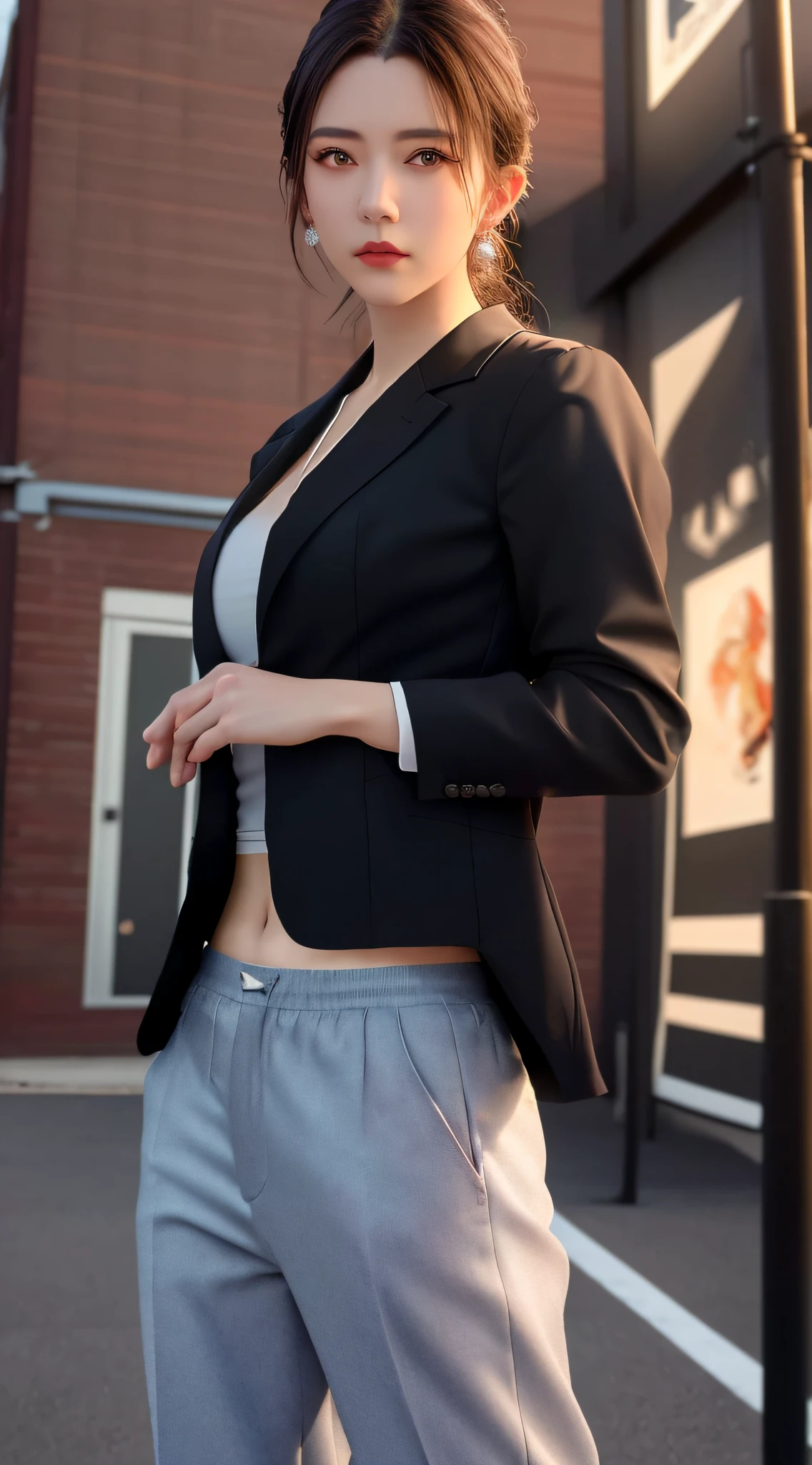 best quality, masterpiece, 1 girl, beautiful face, (photo photo-realistic:1.3), edge lighting, (high detail skin:1.2), 8k ultra hd, DSLR, high quality, high resolution, 4k, 8k, bokeh, absurd, best ratio four fingers and one thumb, (realistic:1.3), cute 1girl, wearing black formal blazer, medium breasts, wearing dance training clothes,