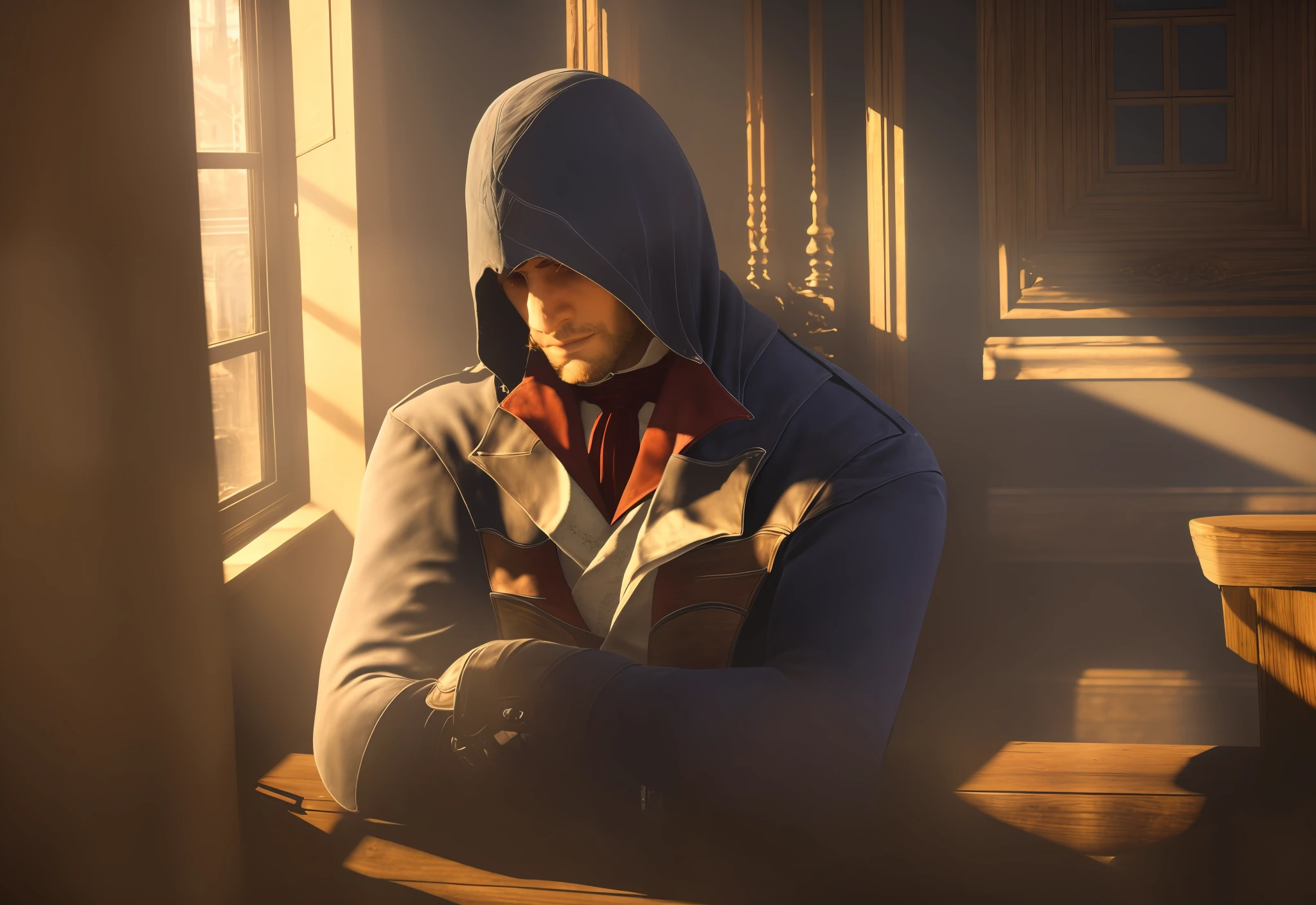 (Masterpiece, high detail, cinematic perspective, cinematic tone) An assassin standing indoors, Arnodolian, the sunlight outside the small window shining on the body, illuminating the contours of the face, high nose, short beard, a lighted wooden table in front of it, hands clasped in fists on the table, contemplative, the small window is a Parisian street view.
(Assassin: 1.2) (Arnodolian: 1.3) (Sunlight illuminated through the window: 1.1) (High nose: 1.1) (Short beard: 1.1) (Wooden table: 1.1) (Lighted wooden table: 1.2) (Paris Street View: 1.1) Texture detail