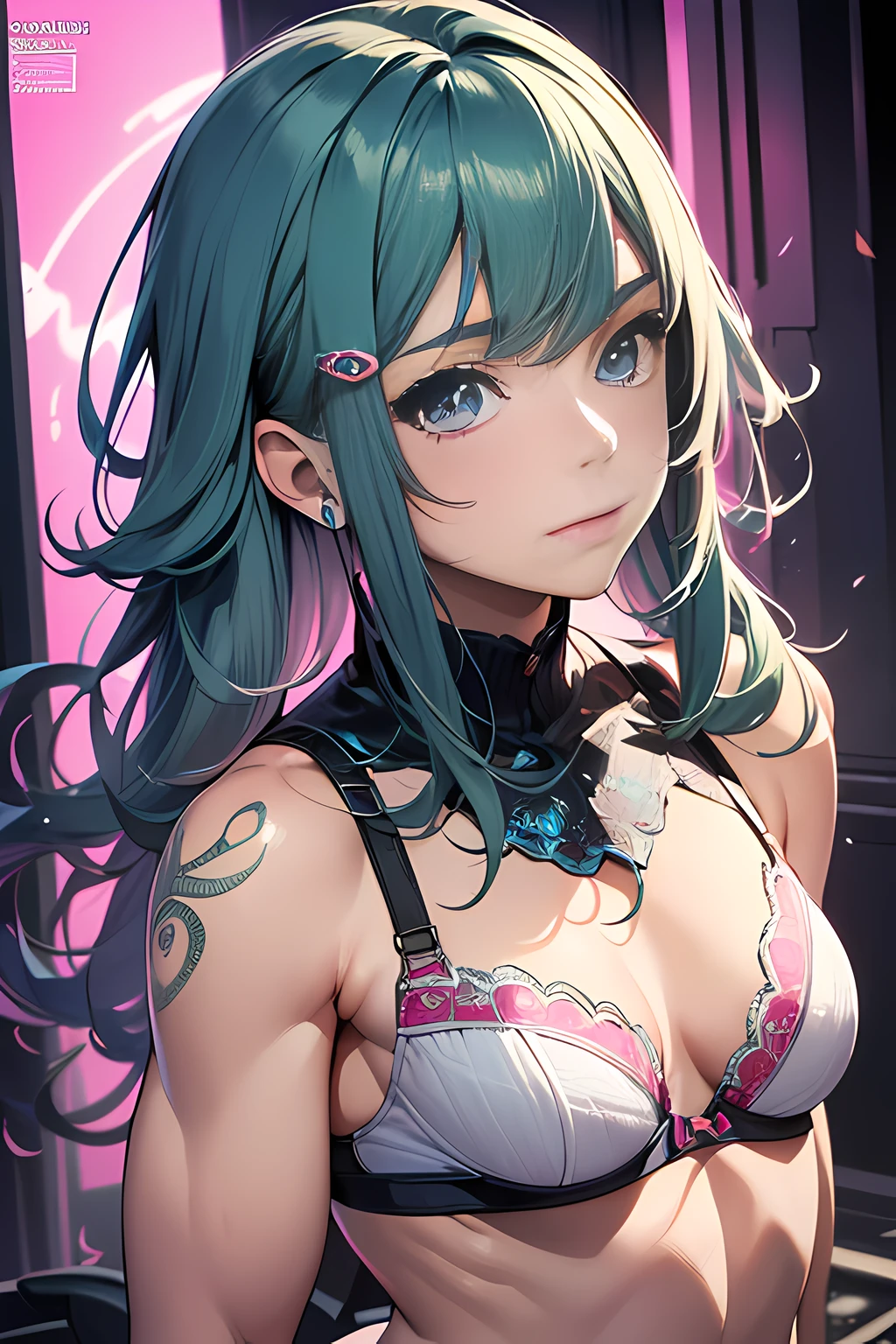 (Masterpiece:1.5), (Best Quality:1.2), (Hyper detailed:1.2),(Anime:1.2),(Bright colors),Vivid Color, (Teenage girl:2), , Hairstyle Short, Small Tits, Thick Neck, (lean body:1.5),(back muscle:1.6), Brassiere, Panties