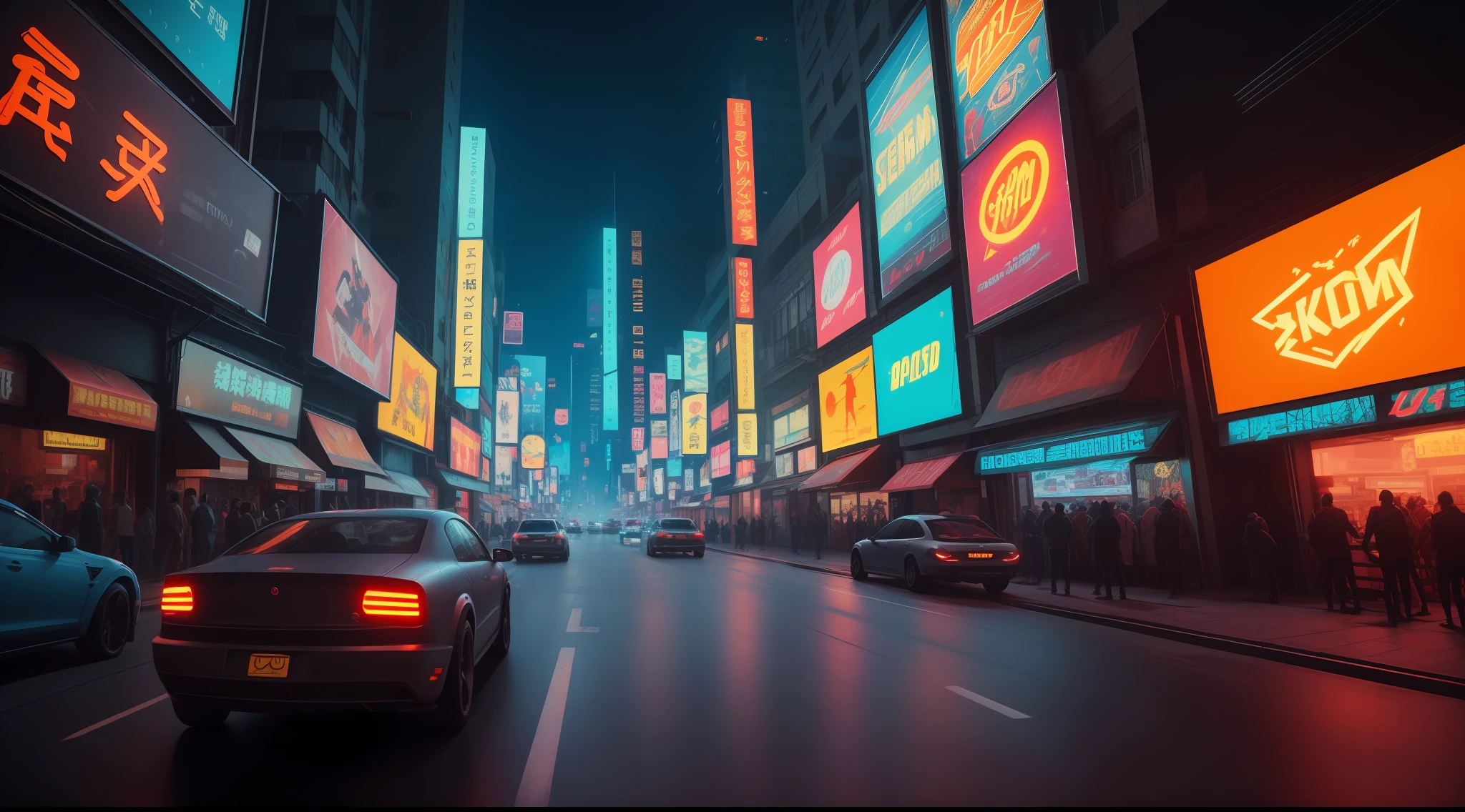 A busy street with flying cars, flashing neon lights and interactive holograms in the air. cyberpunk aesthetics, action film shot by Kon Satoshi, Semi Impasto style, matte paint, atmospheric, bright, dramatic lighting