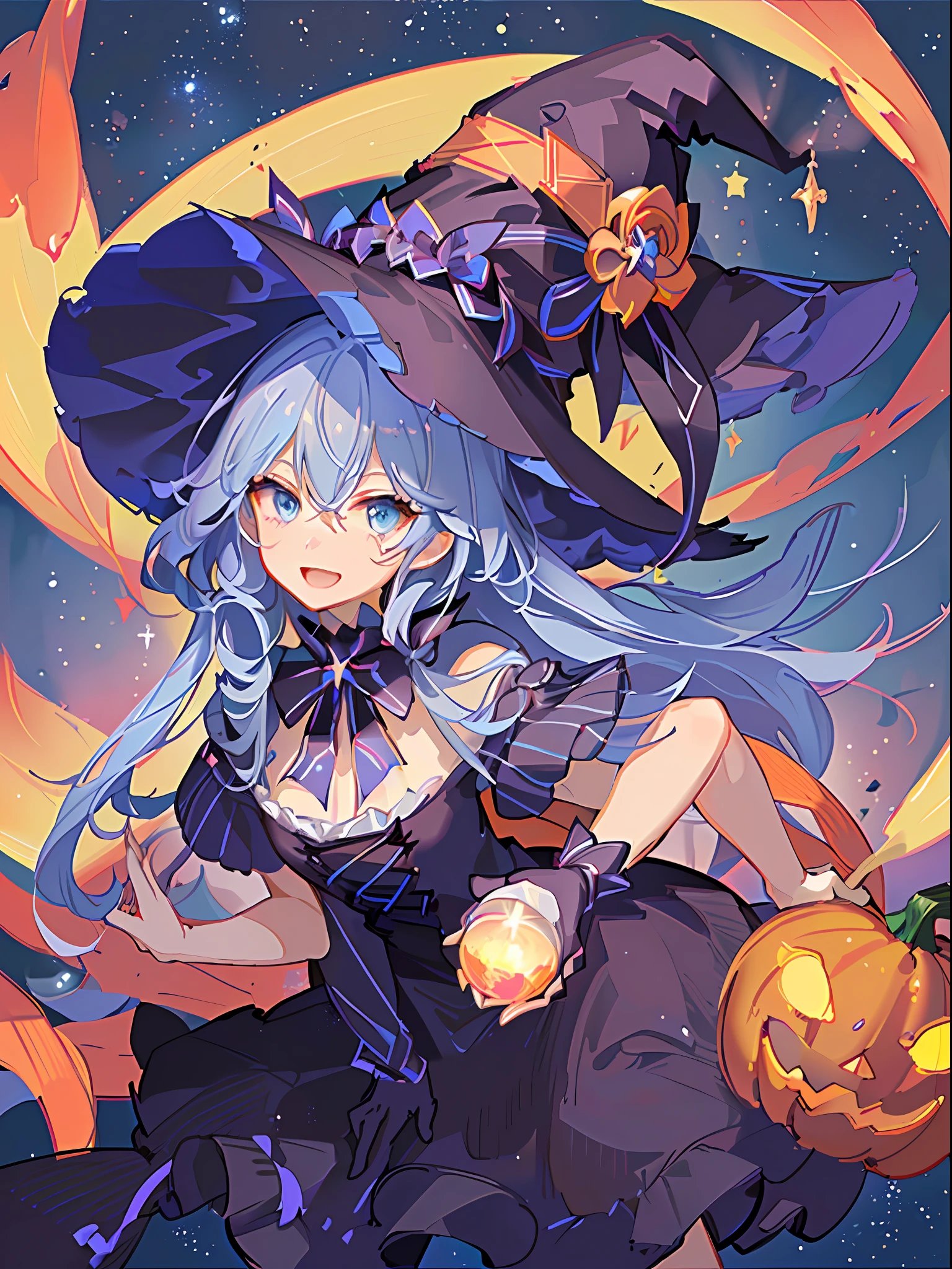 ((masterpiece:1.2, best quality)), 1girl, solo, (witch hat), a close up of a girl with curly hair, dress, aurora, night, star (sky), gloves, sky, dress, night sky, open mouth, starry sky, light blue eyes, ribbons, smile, cape, colorful hair, magic, casting spell, night, (impressionism:1.4), alphonse mucha, Halloween colors, colorful candy, magical lights, pumpkins, candies