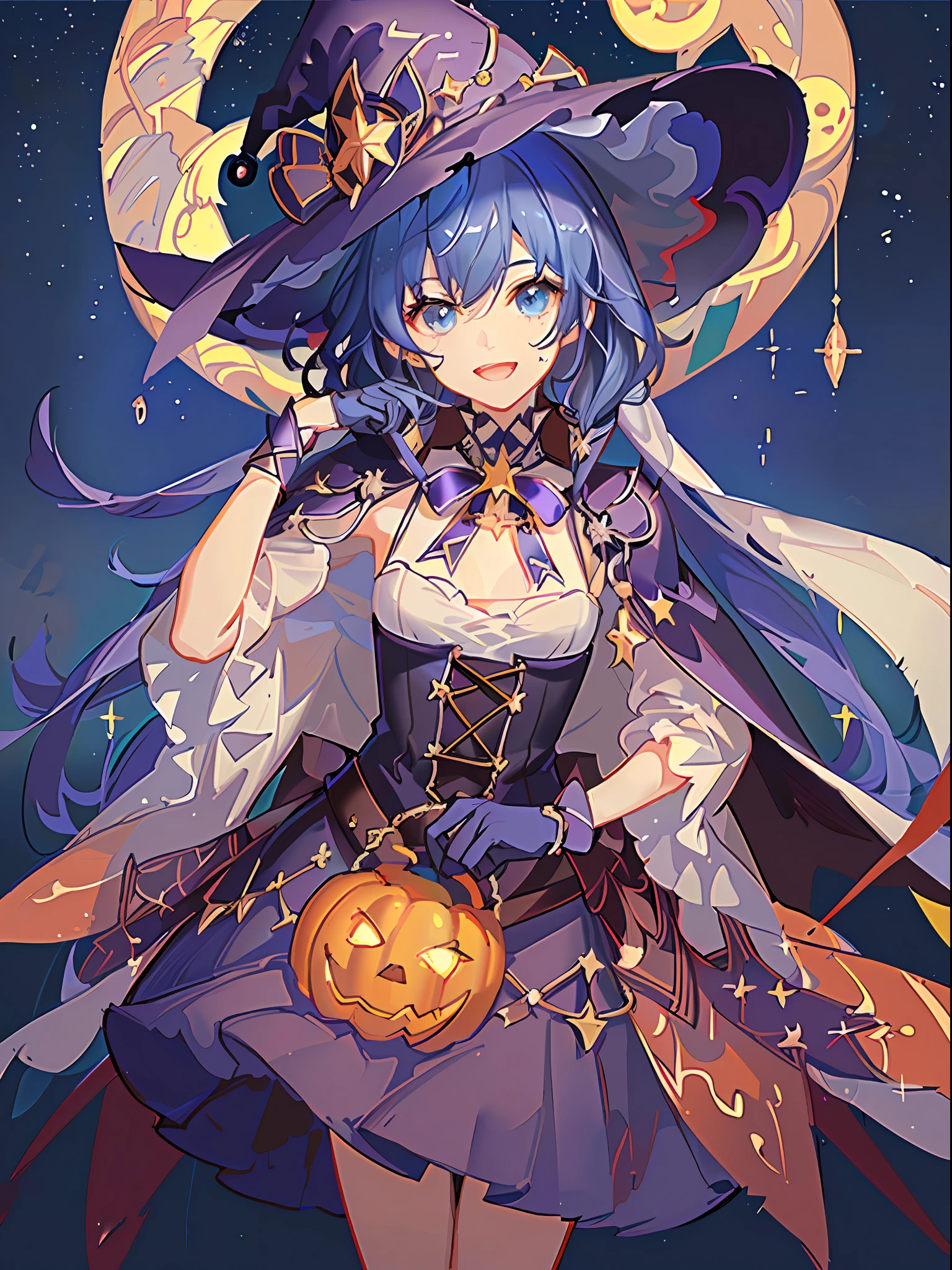 ((masterpiece:1.2, best quality)), 1girl, solo, (witch hat), a close up of a girl with curly hair, dress, aurora, night, star (sky), gloves, sky, dress, night sky, open mouth, starry sky, light blue eyes, ribbons, smile, cape, colorful hair, magic, casting spell, night, (impressionism:1.4), alphonse mucha, Halloween colors, colorful candy, magical lights, pumpkins, candies