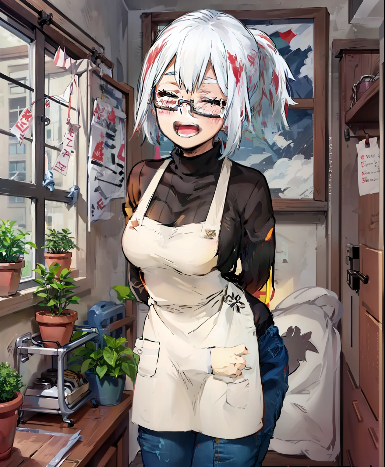 1girl, solo, breasts, blush, smile, short hair, open mouth, bangs, long sleeves, medium breasts, standing, closed eyes, ponytail, white hair, :d, red hair, multicolored hair, glasses, teeth, pants, inside, apron, two-tone hair, sweater, striped hair, window, leaning forward, high neck, upper teeth only, arms behind back, blue shirt,  denim, in front of viewfinder, semi-frame flashing glasses