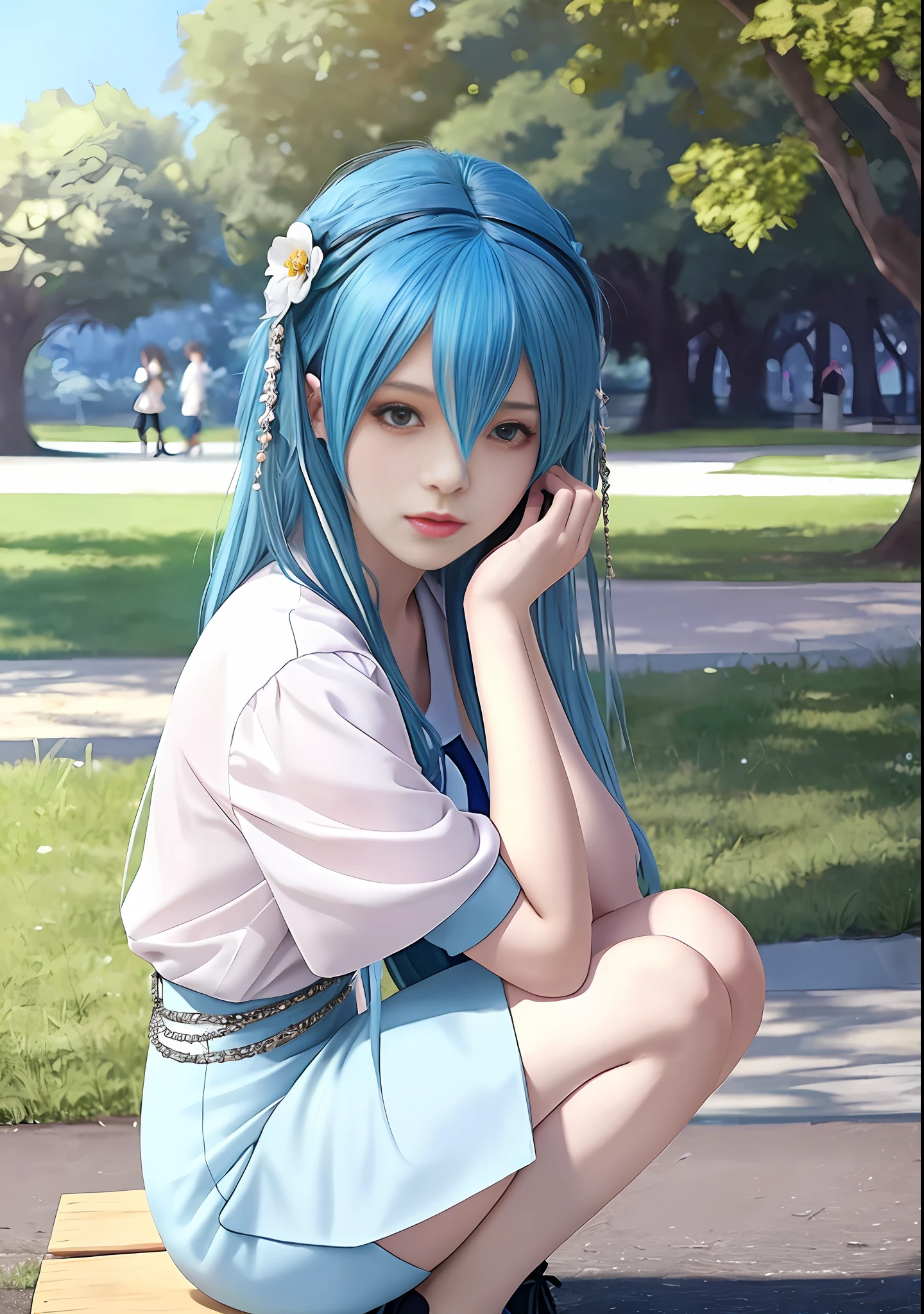 beautiful cosplay girl sitting on a bench in the park with blue hair, seductive cosplay girl, trending on artstation pixiv, cosplay goddess, beautiful cosplay girl squatting, fine anime cg art, 8k high quality detail art , [4k digital art]!!,