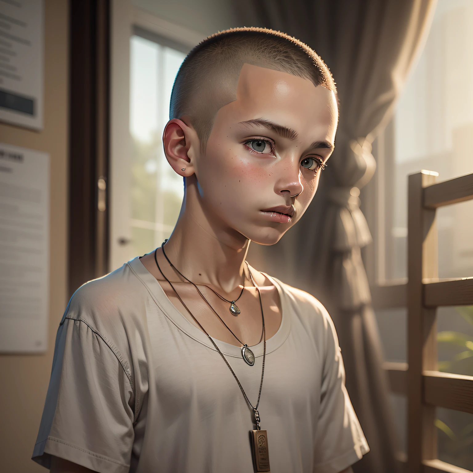 Intelligent 13-year-old boy with a shaved head, with a gray necklace in his hand.