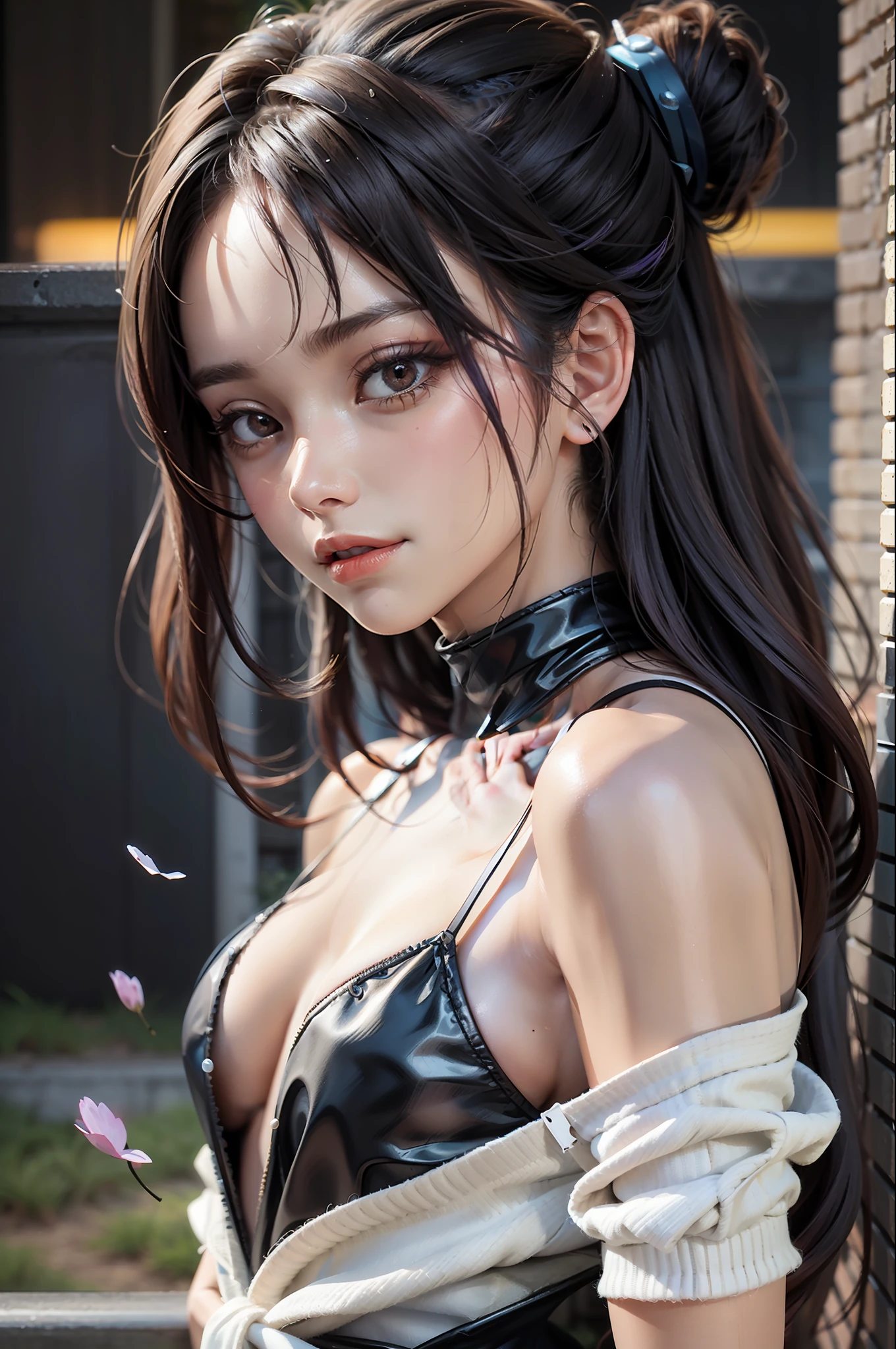 (best quality:1.1), (masterpiece:1.2), portrait,
1girl, yuzuriha_(jigokuraku), purple hair, brown eyes, ninja, open clothes, cleavage, small breasts, topknot, medium hair, breasts apart, white obi, smirk, outdoors, (blush:1.1), flowers,
Pure_Innocent_girl, pureerosface_v1, (face closeup), pov, (((depth of field))), pale and lustrous skin,