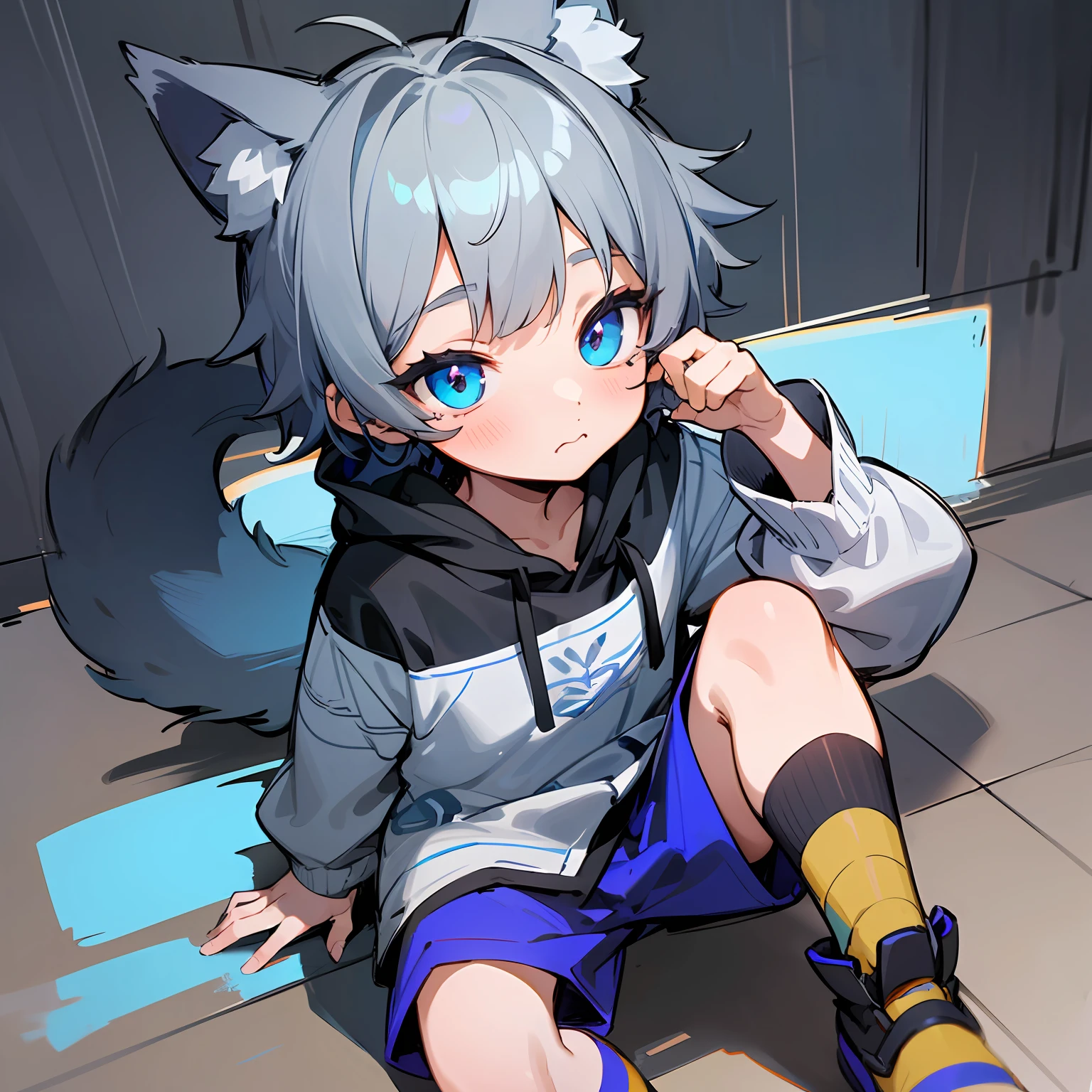 (1boy), (Shota), (HD quality, masterpiece level), cute teen character, dark gray hair, blue eyes, (wolf ears), (wolf tail), one tail, (no ears), little boy, (ears covered), (hair covered ears), a pinch of blue bangs, full body picture, chubby face, random expressions, cute feet, cute face, solo,