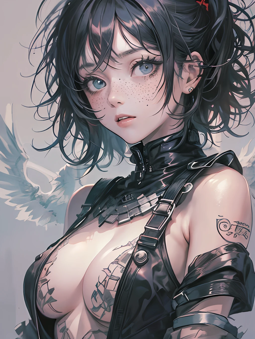 masterpiece, 1girl with black short messy hair, punk style, big honey eyes, ultra detailed face and eyes, embarrassed face, freckles, 8k, ultra hd --auto --s2