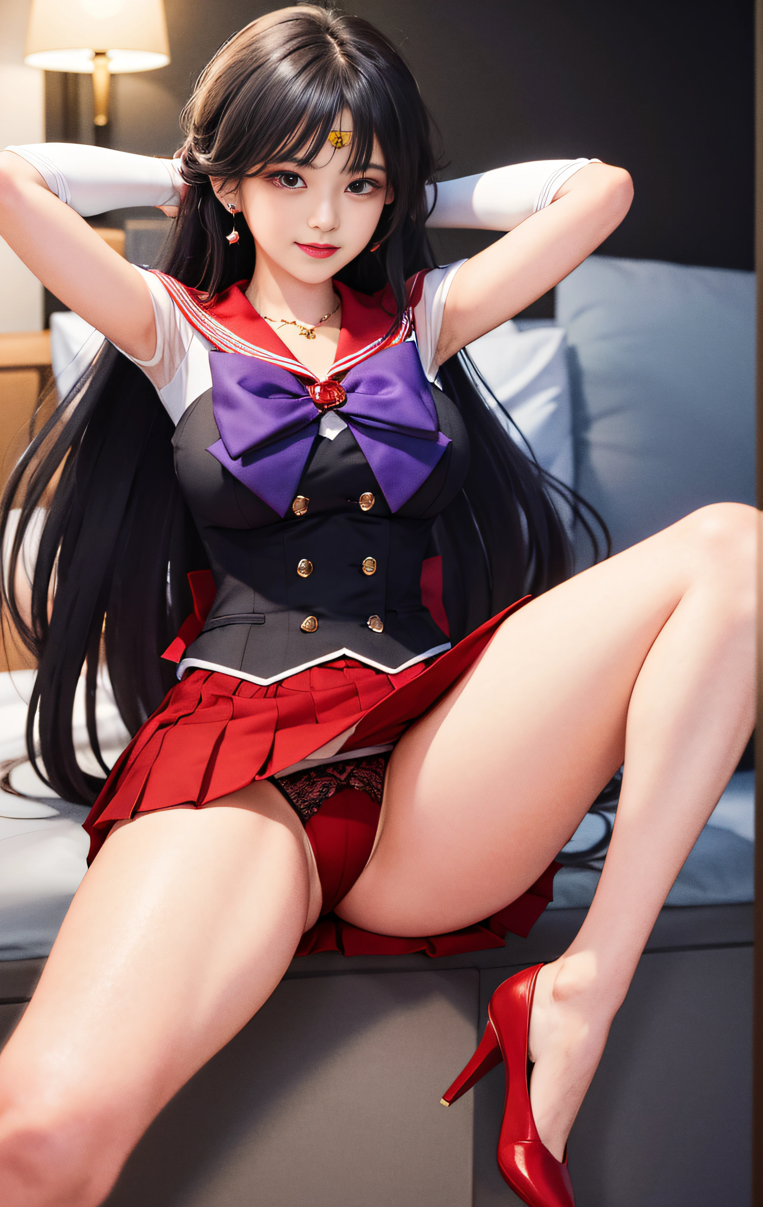 Masterpiece, best quality, high resolution, SAMA1, tiara, sailor sensi uniform, white gloves, red sailor collar, red skirt, star necklace, elbow gloves, pleated skirt, bare leg, purple bow, field, variza, hotel, high heels, hands behind head, camel toes, black panties, red high heels, long legs, lace panties, red panties