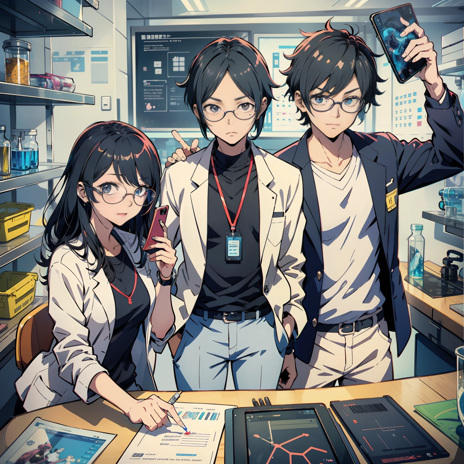 cartoon of three people in lab coats and glasses talking on cell phones, scientists, scientist, yukio - e, inspired by Un'ichi Hiratsuka, official fanart, nerds, from cryptid academia, evangelionic illustration, in anime style, high quality fanart, in japanese anime style, very modern anime style, in an anime style, from yowamushi pedal