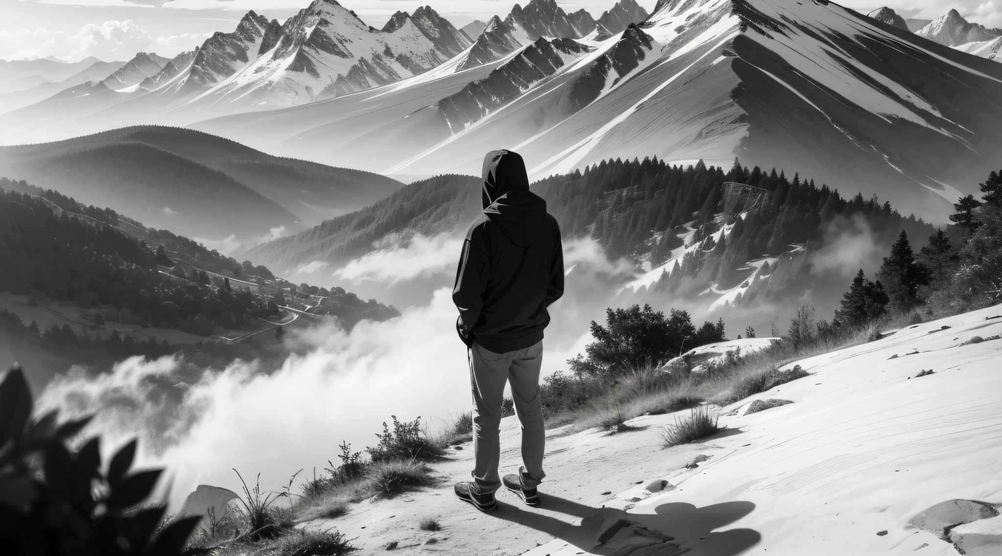 A man wearing a hooded sweatshirt standing on top of a mountain, turned on his back, gazing at the horizon, lost in thought. Black and white color image