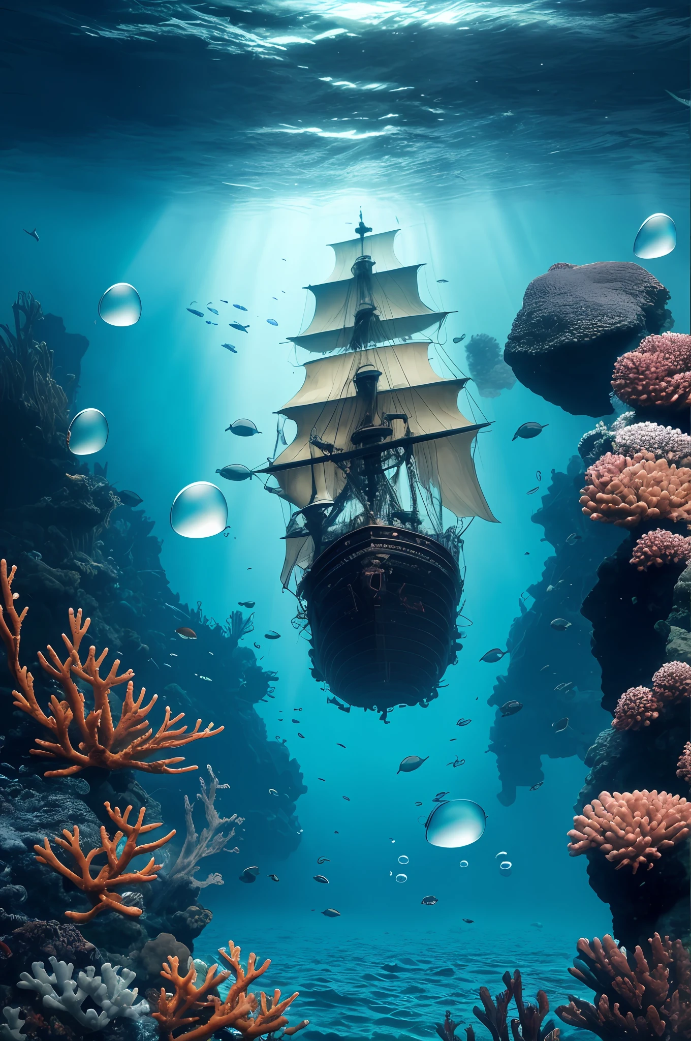Dark tones, deep darkness, light in the dark, masterpiece, best quality, high quality, very detailed CG, very detailed, intricate, high detail, dramatic light and shadow, art and masterpiece, 8k, deep underwater world, dim Colors, a beam of light on a boat, seabed rocks, sand and gravel, dark background with several air bubbles, transparent air bubbles, refraction and reflection of air bubbles, --v 6