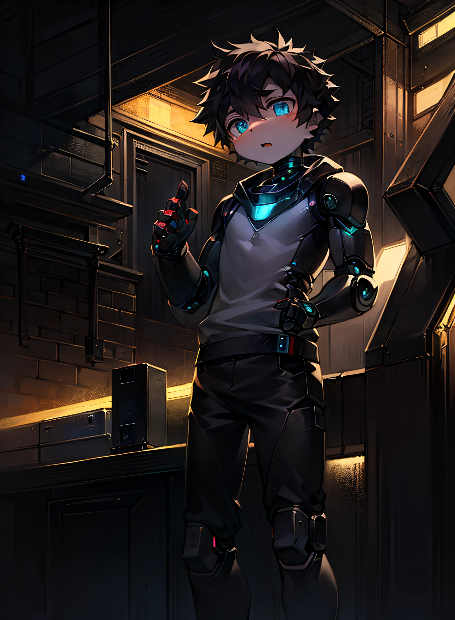 (Dark Environment: 0.8), HD, 12K, Masterpiece, Robot, Boy, Shota, Short Hair, Electronic Prosthetic Eye"