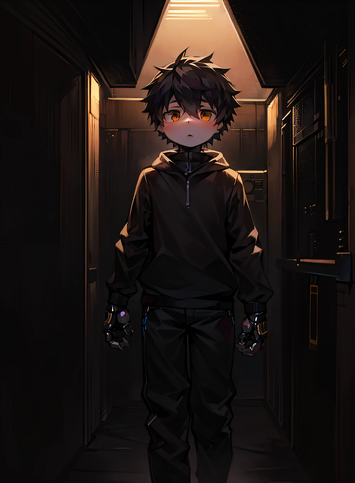 "(Dark Environment: 0.8), HD, 12K, Masterpiece, Robot, Boy, Shota, Short Hair"