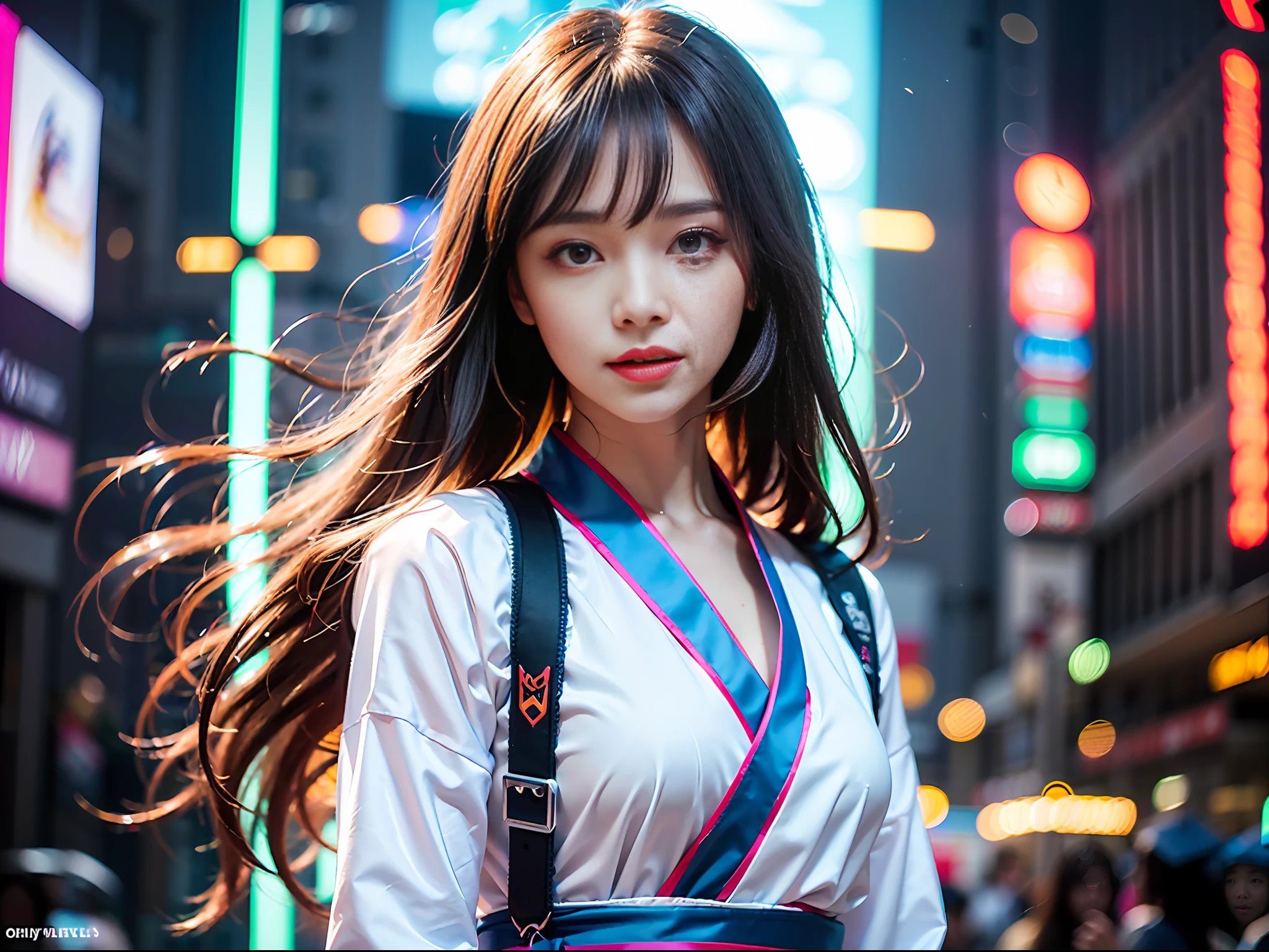 ((Masterpiece), (Best Quality), 8K, High Detail, Ultra Detail), (Graduation Season, Youth Vitality, 1 Girl, White Collar, On the Way to Work, Cyberhanfu, Wanostyle, Step into the Future World, Cyberpunk, Smart Age), Neon Flashing Cityscape, Hologram Display, Advanced Technology