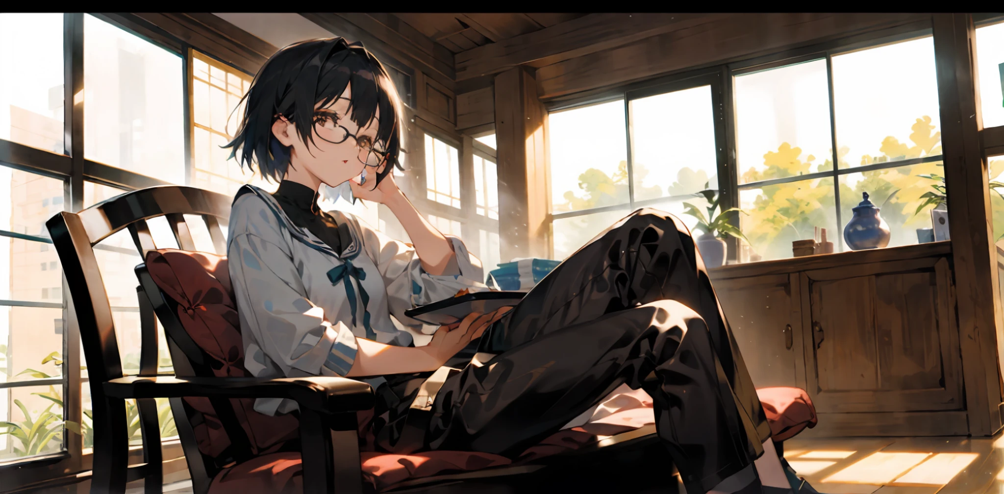 There is a woman sitting in a chair wearing glasses, this photo is inspired by Ayami Kojima, Tumblr, Shin Changa, wearing glasses, [32k hd]^10, short hair, 4k ], 4k], Yoshitomo Nara, wearing glasses, (SFW) safe working, perfect beautiful female legs, wearing black trousers, holding Jiro legs