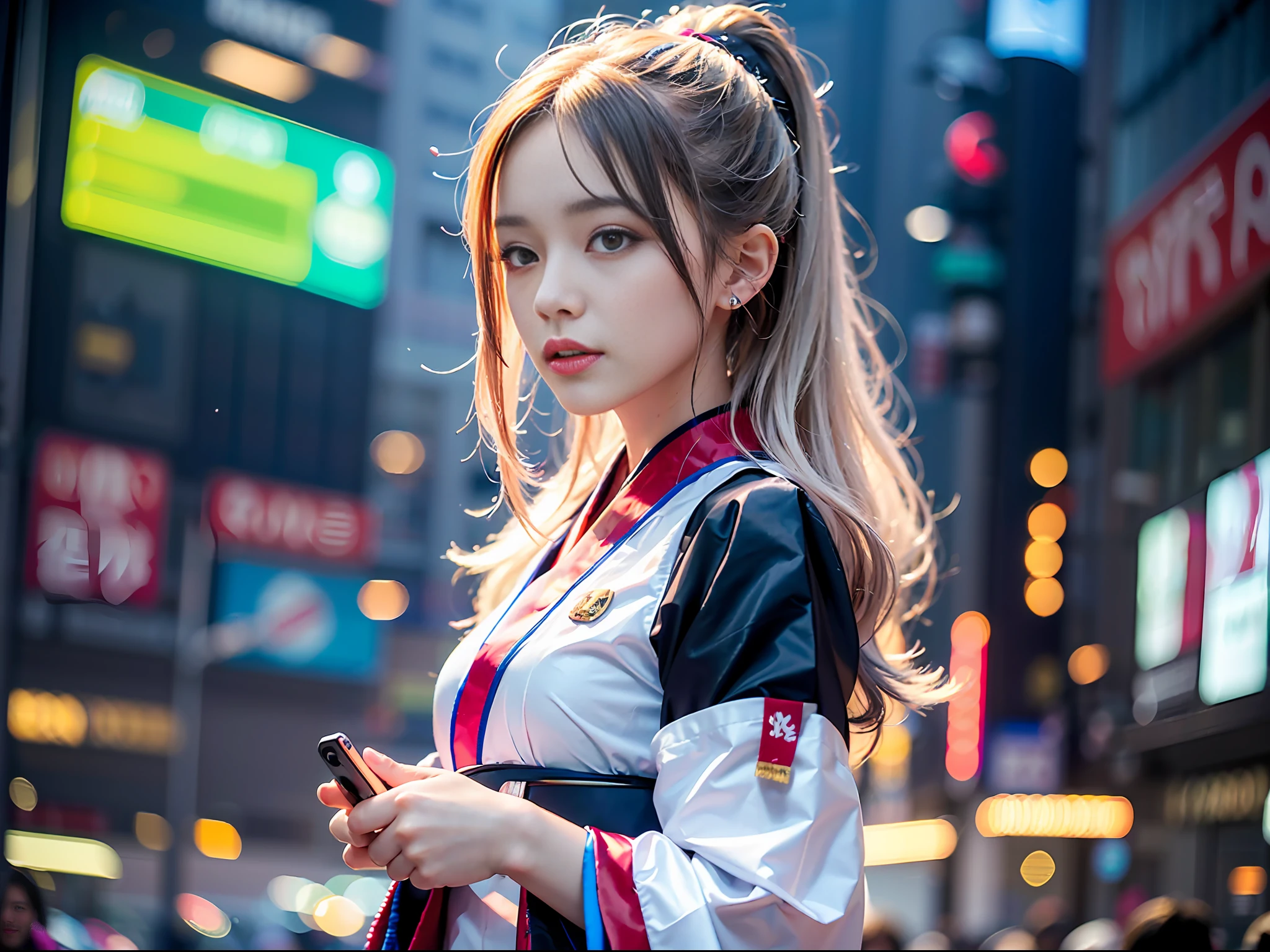 ((Masterpiece), (Best Quality), 8K, High Detail, Ultra Detail), (Graduation Season, Youth Vitality, 1 Girl, White Collar, On the Way to Work, Cyberhanfu, Wanostyle, Step into the Future World, Cyberpunk, Smart Age), Neon Flashing Cityscape, Hologram Display, Advanced Technology