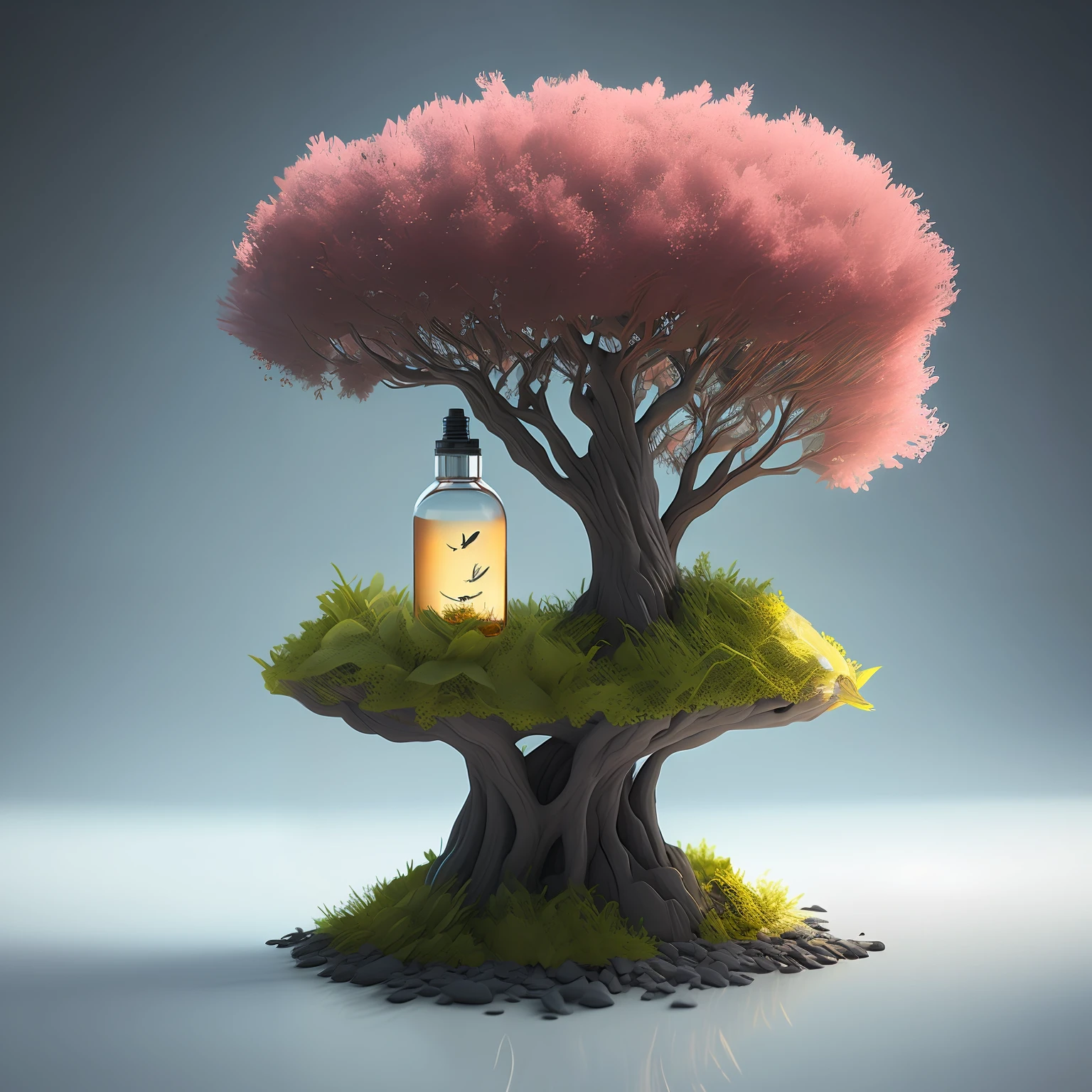 Tree of dreamlike art in a bottle, cute, realistic, photo, canon, dreamlike, art, leaves and branches colored with flowers on the top of the head. Hyper-detailed photorealism by Greg Rutkowski - H 1024 W 804 | F 1 6 Lens Brand 2:2 S 3555 mm Film Granulation:1 Real High Resolution Sharp Focus Contrast!! intricate detailed atmospheric light refraction lighting unreal motor 5 cinematic concept photography masterpiece 01 trend rendering at cgsociety rendered as