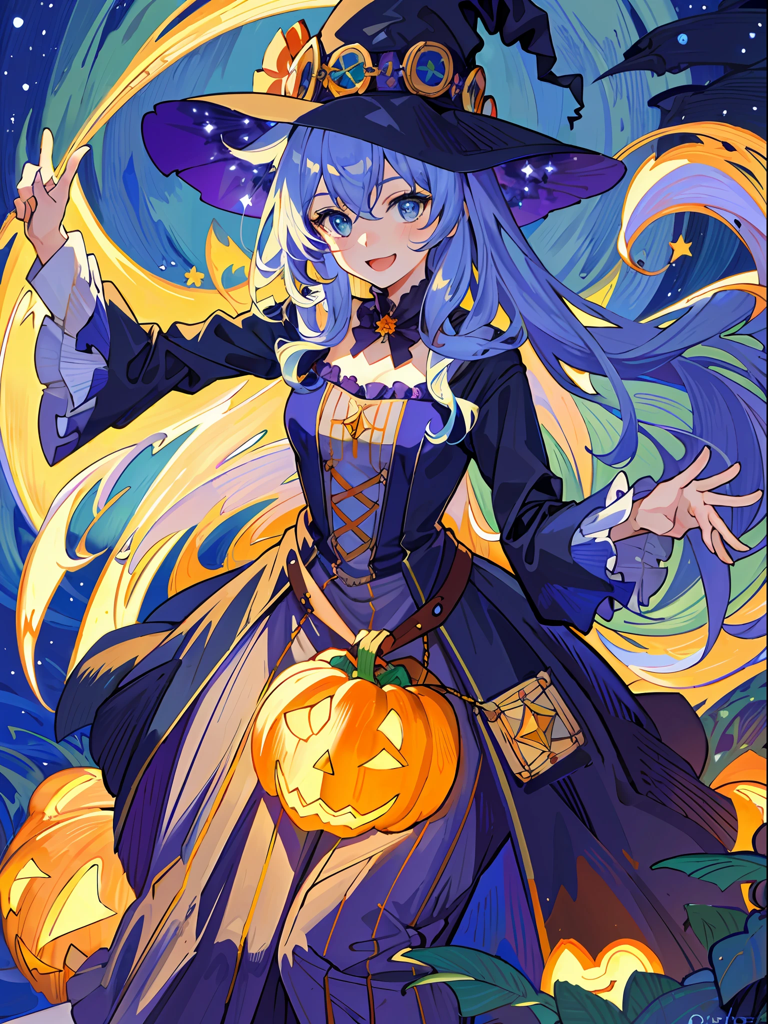 ((masterpiece:1.2, best quality)), 1girl, solo, (witch hat), a close up of a girl with curly hair, dress, aurora, night, star (sky), gloves, sky, dress, night sky, open mouth, starry sky, light blue eyes, ribbons, smile, cape, colorful hair, magic, casting spell, night, (impressionism:1.4), alphonse mucha, Halloween colors, colorful candy, magical lights, pumpkins, candies