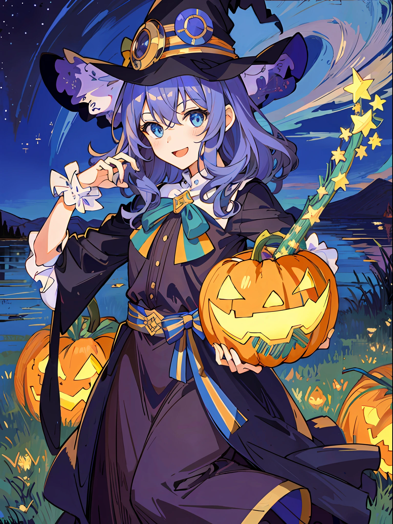 ((masterpiece:1.2, best quality)), 1girl, solo, (witch hat), a close up of a girl with curly hair, dress, aurora, night, star (sky), gloves, sky, dress, night sky, open mouth, starry sky, light blue eyes, ribbons, smile, cape, colorful hair, magic, casting spell, night, (impressionism:1.4), alphonse mucha, Halloween colors, colorful candy, magical lights, pumpkins, candies