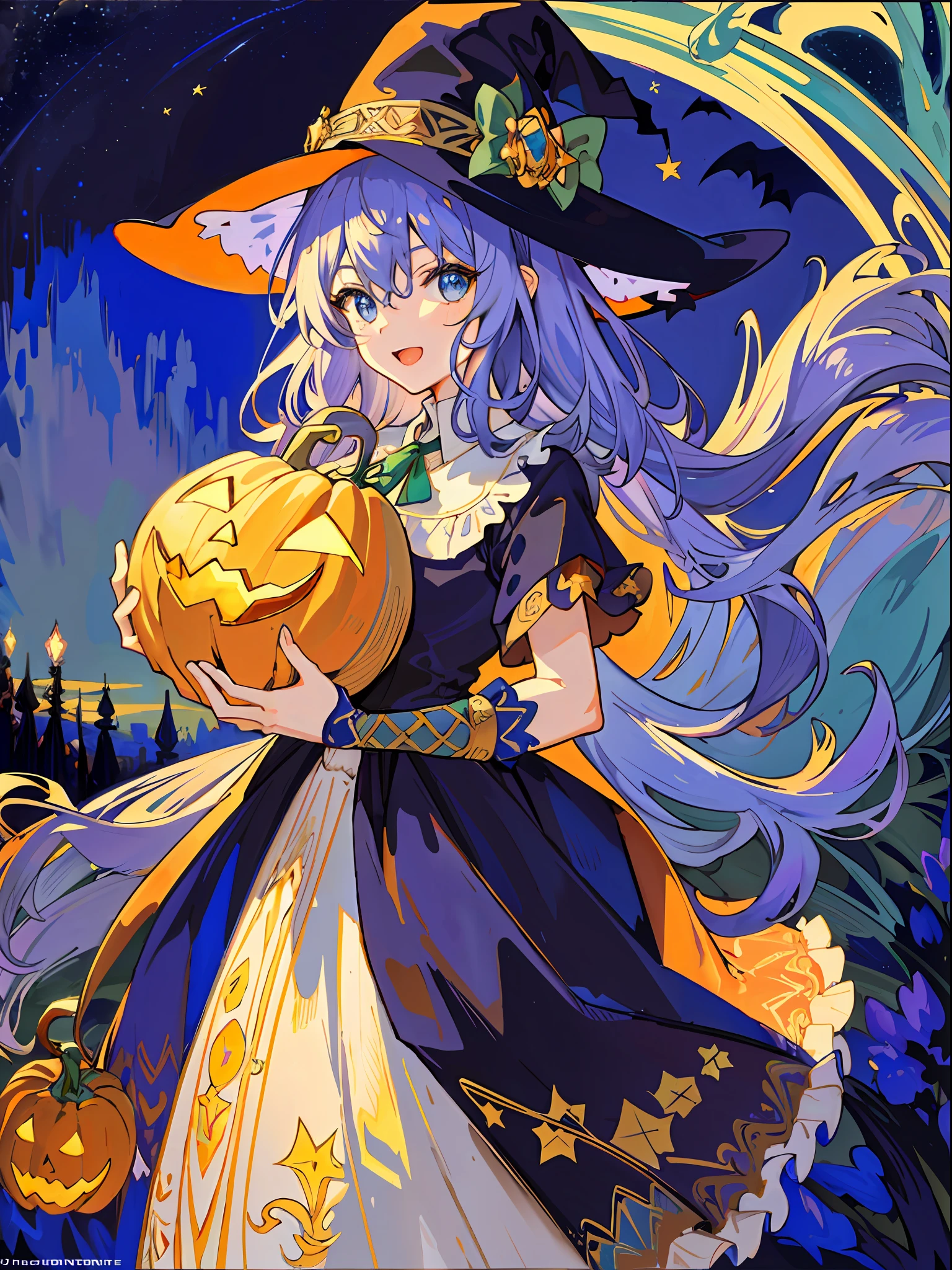 ((masterpiece:1.2, best quality)), 1girl, solo, (witch hat), a close up of a girl with curly hair, dress, aurora, night, star (sky), gloves, sky, dress, night sky, open mouth, starry sky, light blue eyes, ribbons, smile, cape, colorful hair, magic, casting spell, night, (impressionism:1.4), alphonse mucha, Halloween colors, colorful candy, magical lights, pumpkins, candies