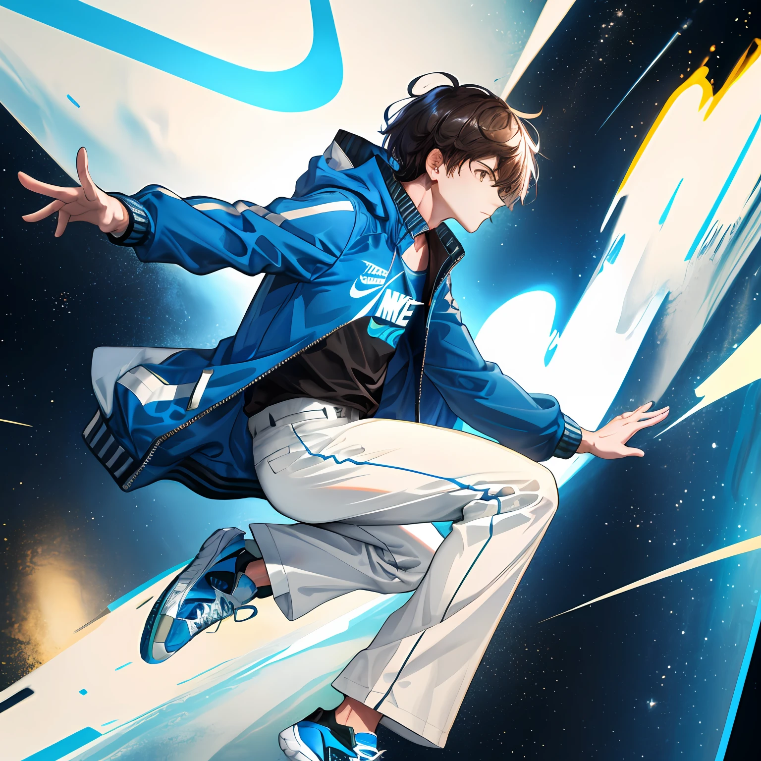 There's a man wearing a Nike jacket, a white pants with blue details floating over a super detailed 8k infinite universe