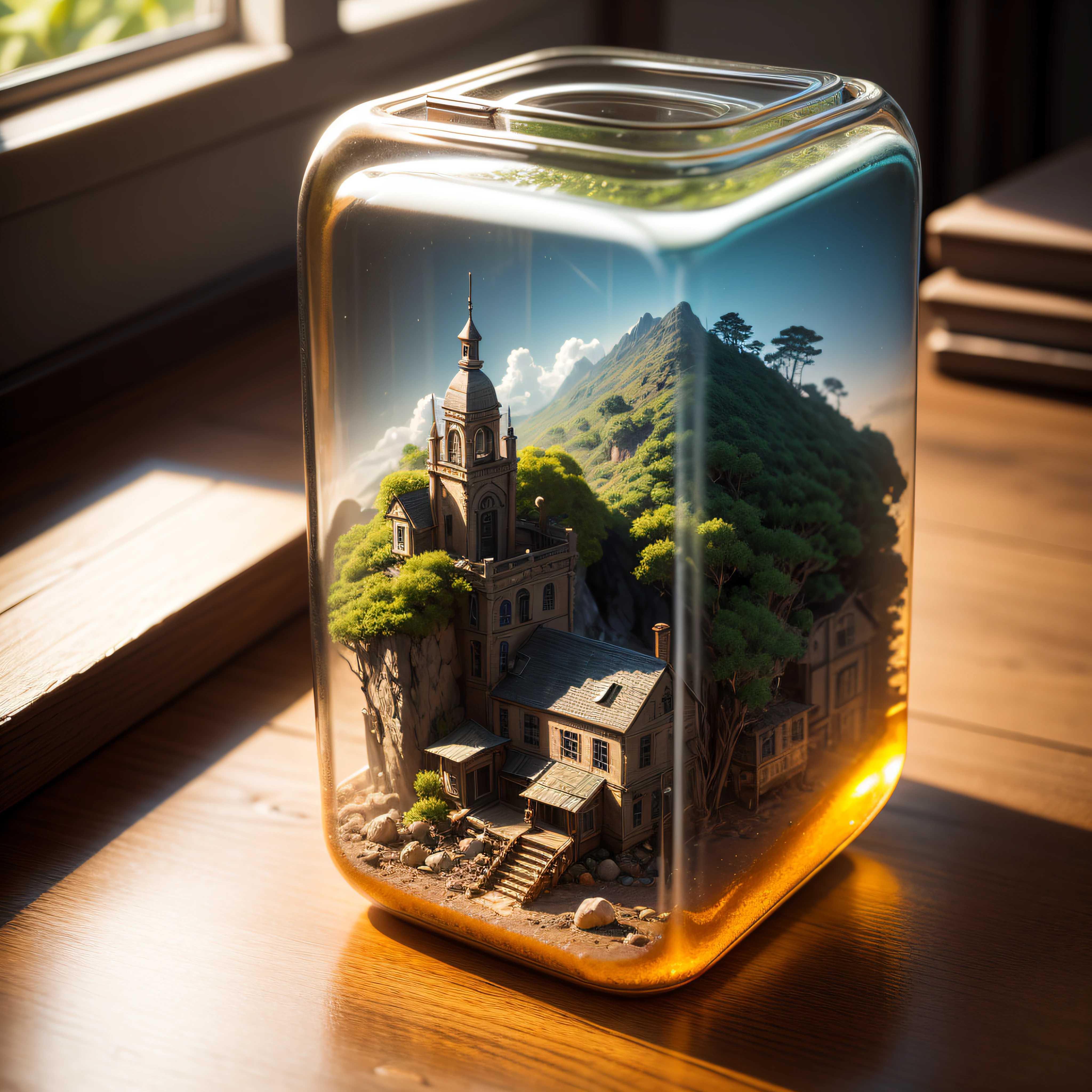 Island tucked inside a square glass jar with lid, placing on the windowsill, extremely detailed, 8K, apocalyptic punk style, miniatures, macro photography in close-up