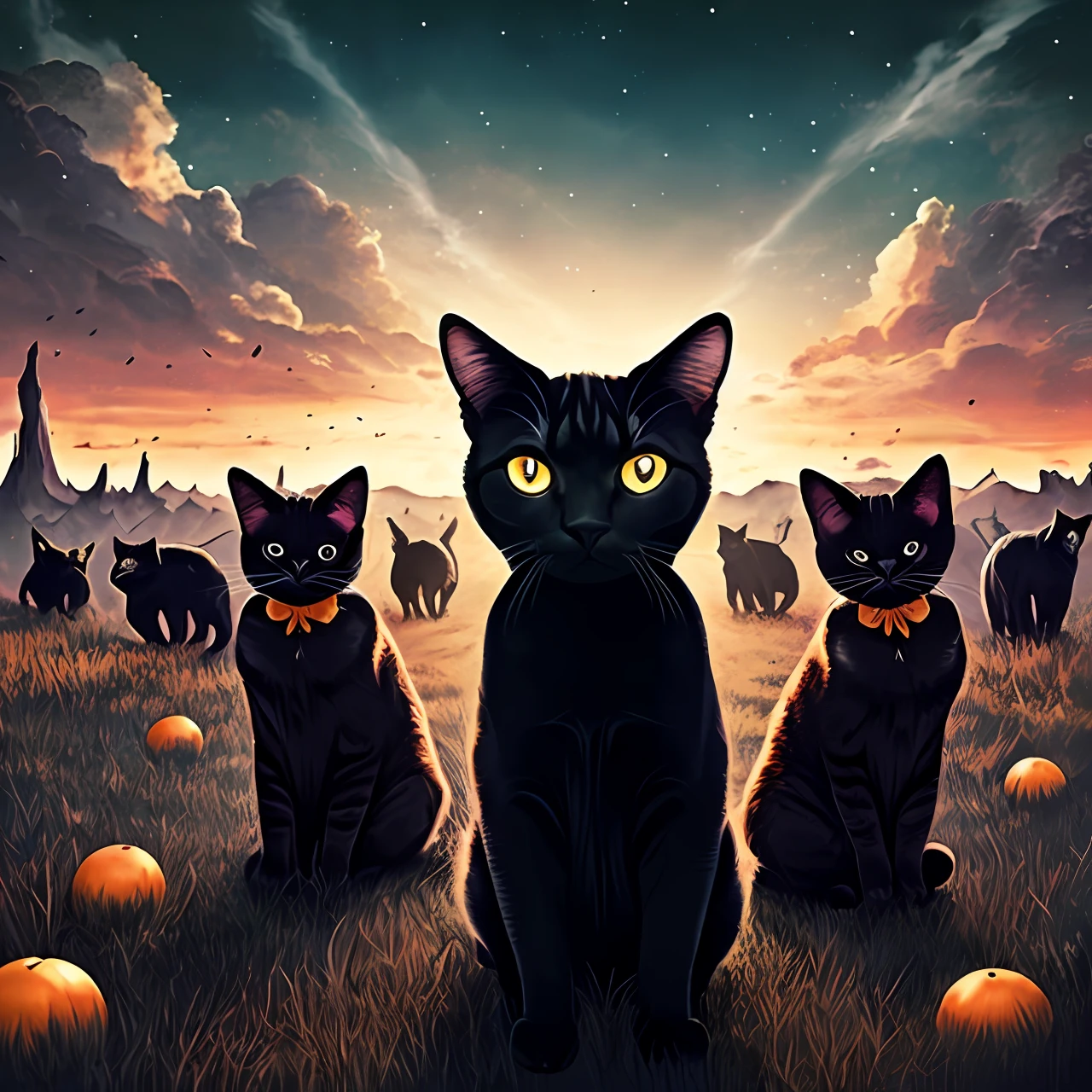 Realistic horror movie image with alien purple cats, black cats, orange cats in the open sky with gray clouds and yellow stars. Lots of blood and chaos.