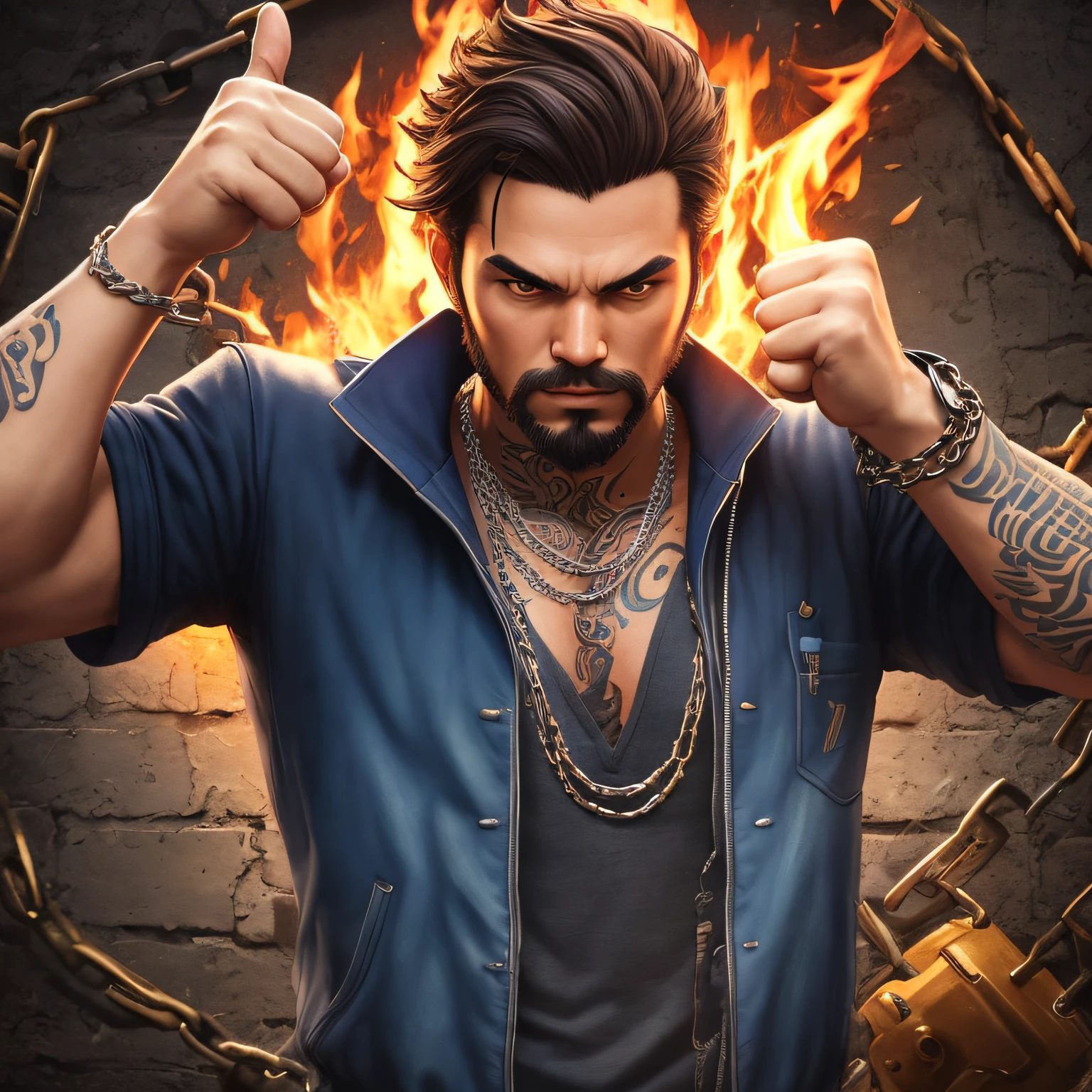 "(Masterpiece, High Definition, Ultra High Definition, 4K)there is a man with a thumbs up, tattoo on the neck, silver chains on the neck, gleaming the chains, a wall background full of graffiti,various details reflecting the chains,high quality image,telegram sticker, contraction emote, telegram sticker design, thumbs up,  sifu 🔥 😎 🕹️ 👀 style:2, miyamoto abduzeedo, inspired by Miyamoto, Discord profile picture, thumbs up, t pose, upper body 2d game avatar, t-pose", best quality, ultra high definition, (photorealistic: 1.4),, high resolution, detail, raw photo, sharp re, nikon d850 film stock photo by Lee Jefferies 4 kodak portra 400 camera f1.6 lens rich colors hyper realistic animated textures dramatic lighting unreal engine artstation trends cinestir 800, --auto